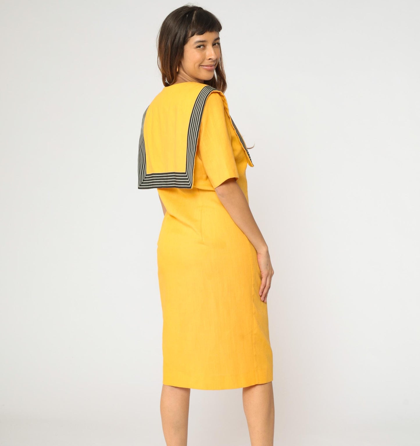 80s Yellow Sailor Collar Midi Dress Double Breasted Black Striped Medium