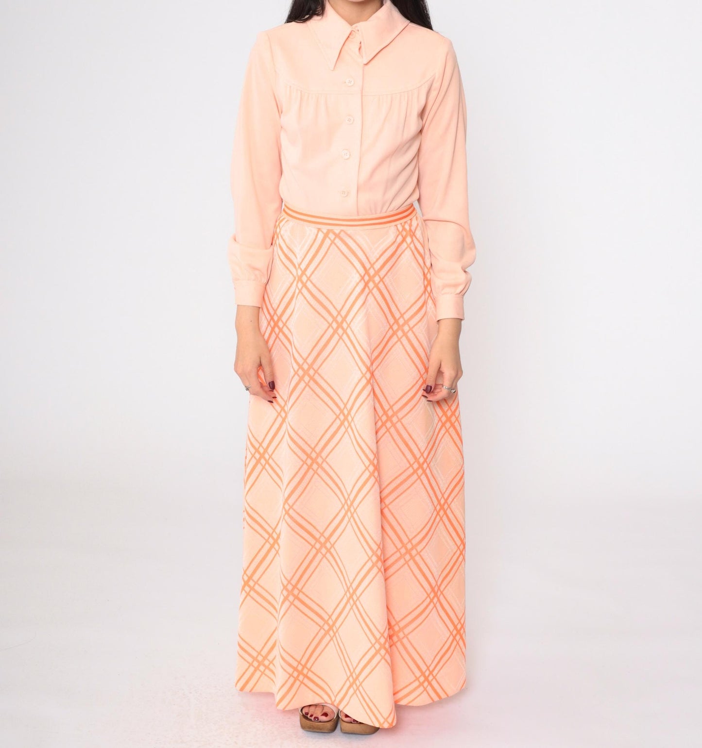 70s Peach Checkered Maxi Dress Button Up High Waist Long Sleeve Small
