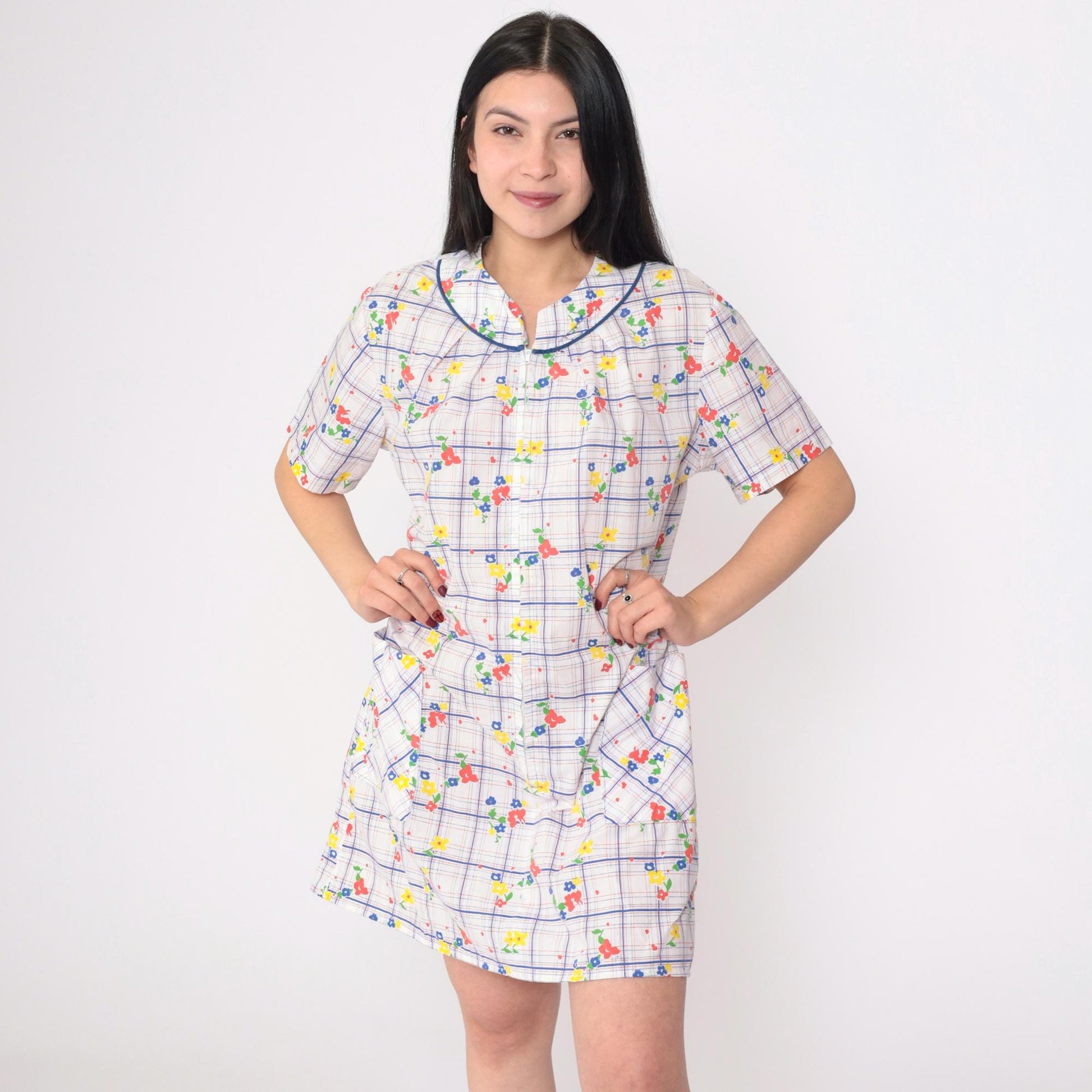 70s White Floral Shift Dress Mini Length Front Zip Pockets Large