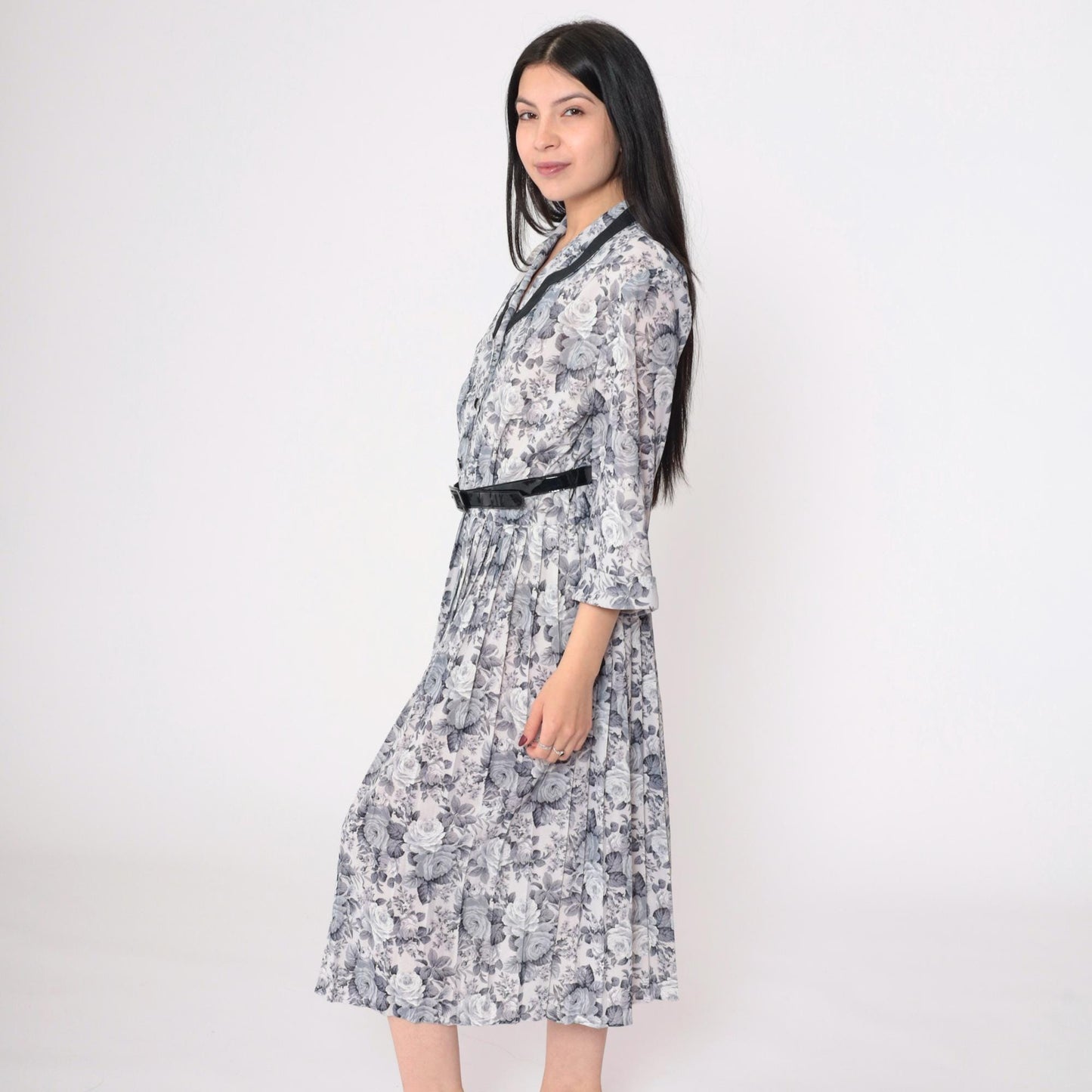 80s Grey Floral Midi Shirtdress Pleated High Waist Button Up 3/4 Sleeve Large