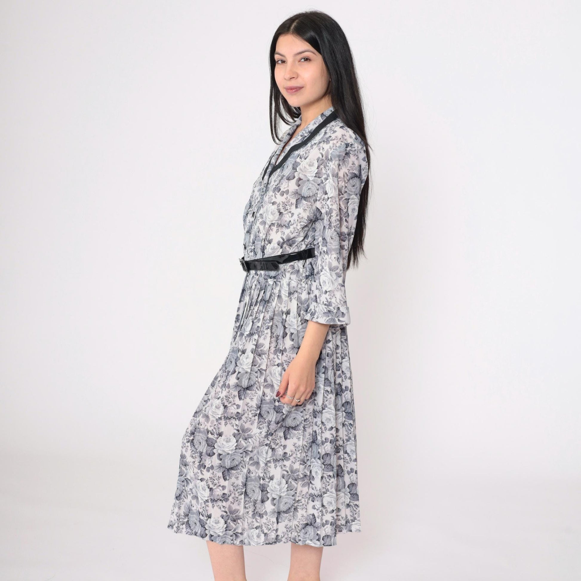 80s Grey Floral Midi Shirtdress Pleated High Waist Button Up 3/4 Sleeve Large