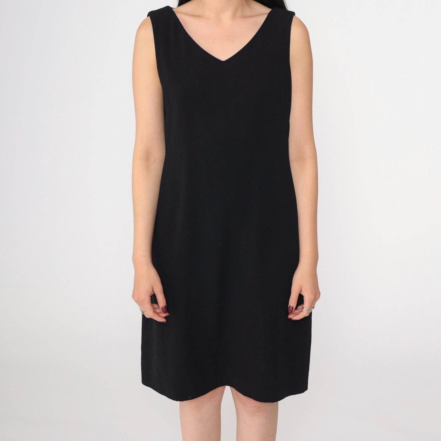 90s Black Shift Dress V-Neck Sleeveless Mini Solid Medium 8