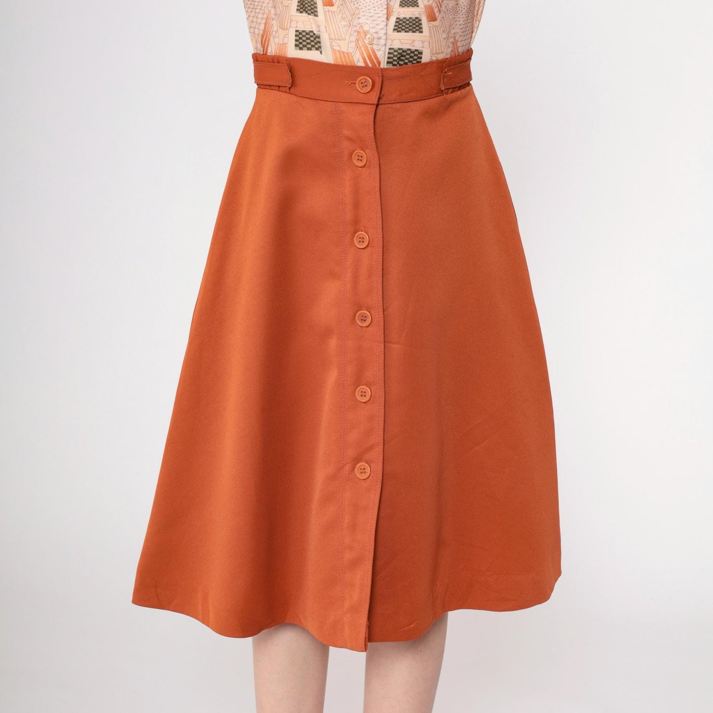 70s Bobbie Brooks Three-Piece Set Rust Brown Scenic Print Blouse Vest Midi Skirt Extra Small