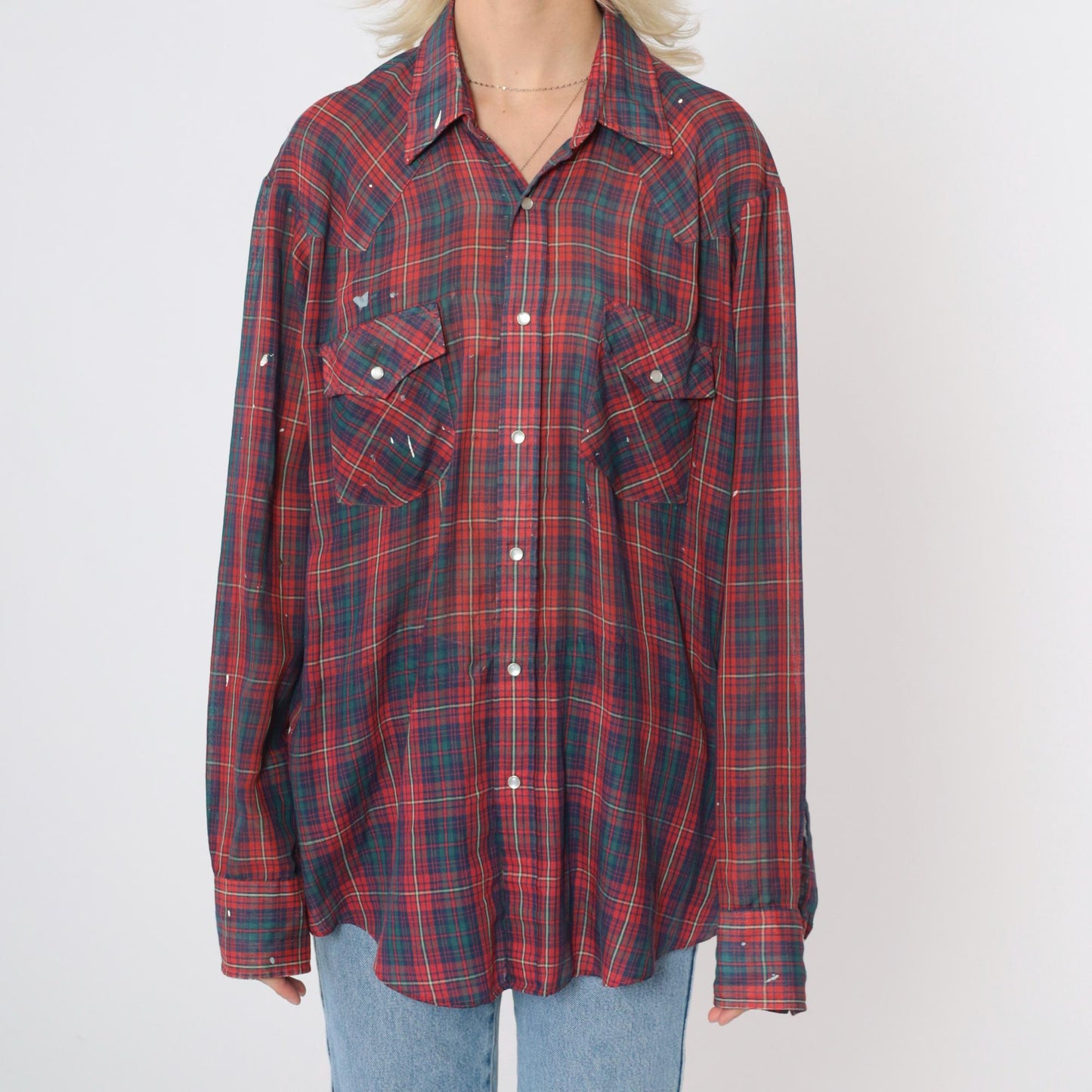 80s Western Pearl Snap Shirt Plaid Paint Splatter Distressed Large L