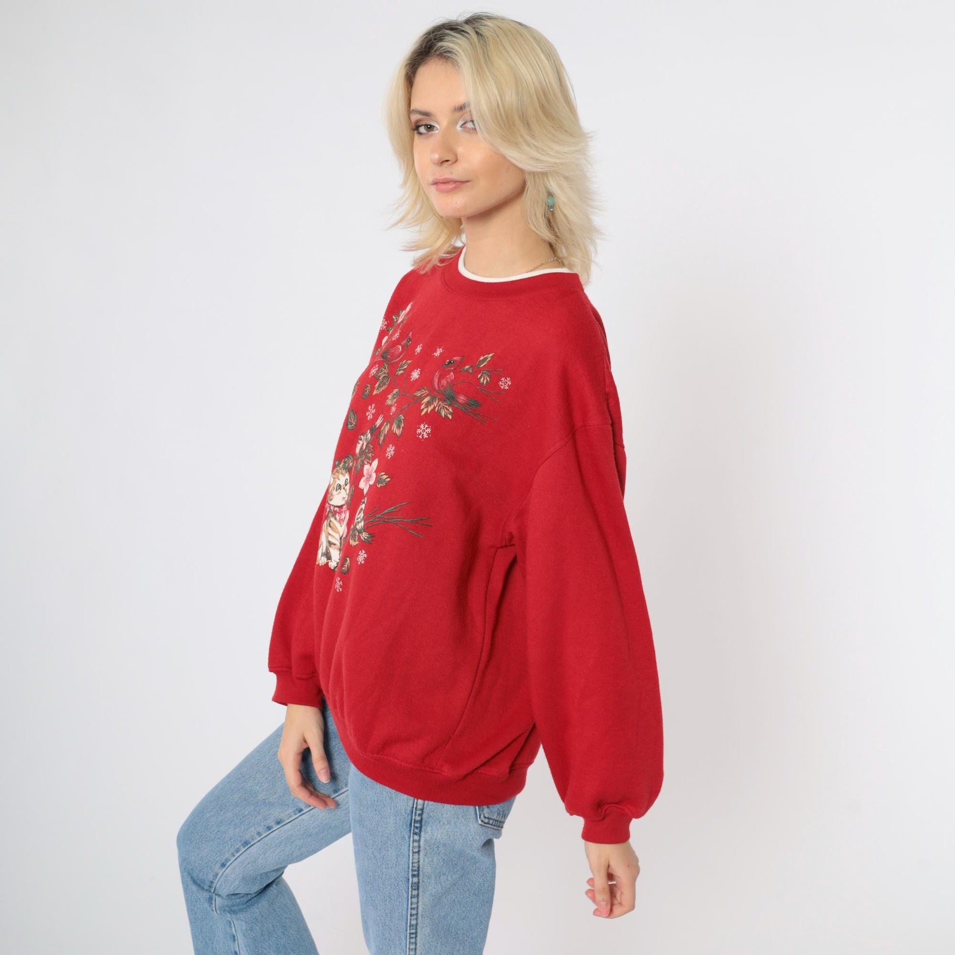 90s Cat Cardinal Sweatshirt Red Kitten Cherry Blossom Graphic Crewneck Medium M