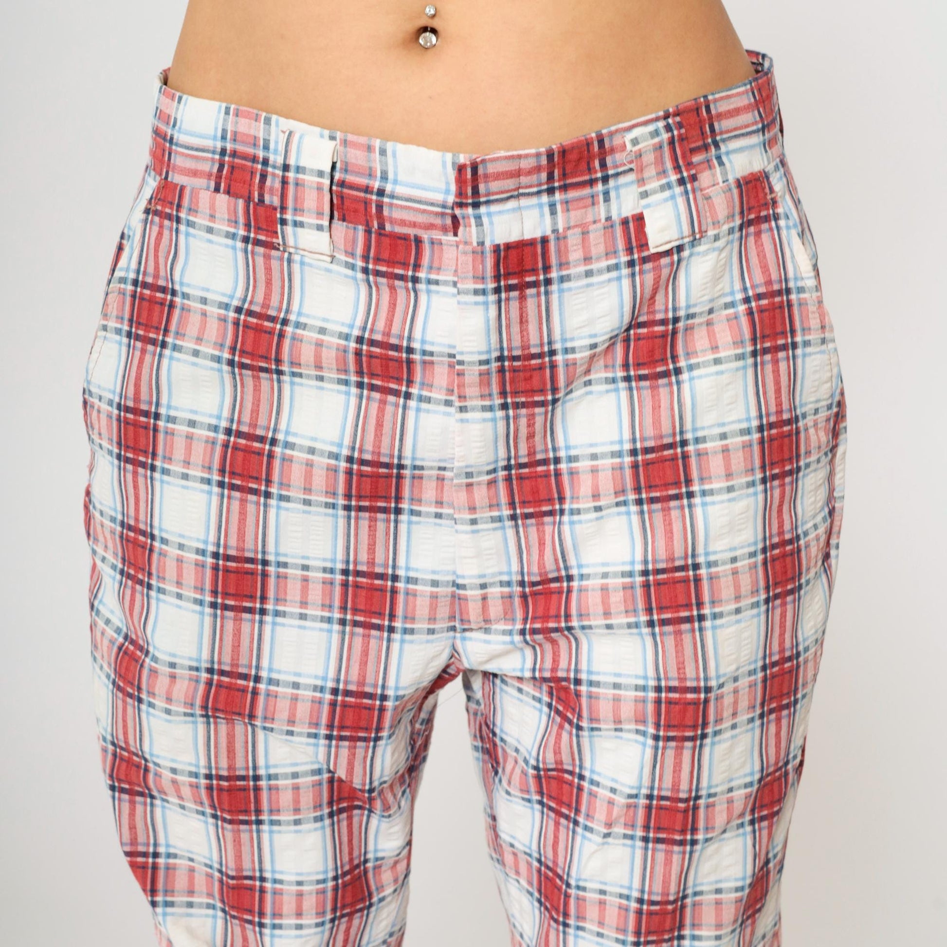 70s Haggar Plaid Trousers Red White Blue High Waisted Straight Leg Men's 34