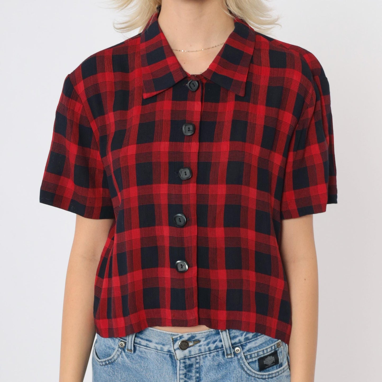 90s Jessica Howard Red Black Checkered Button-Up Blouse Short Sleeve Medium M