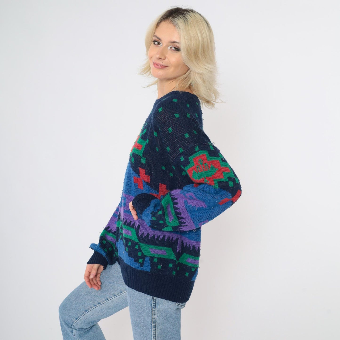 80s Sergio Geometric Sweater Navy Blue Red Green Abstract Crewneck Medium