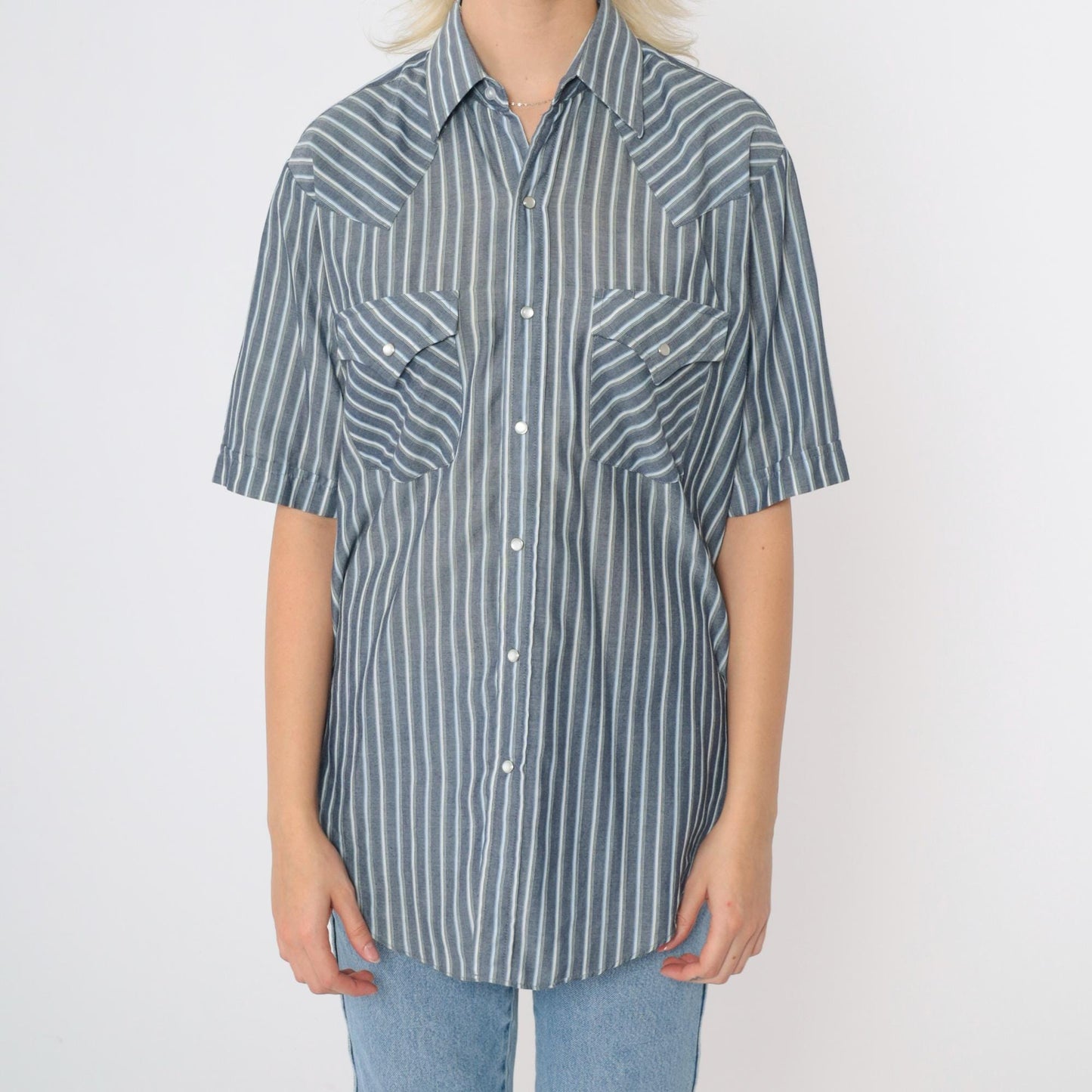 90s Plains Western Wear Pearl Snap Shirt Grey Striped Short Sleeve Small