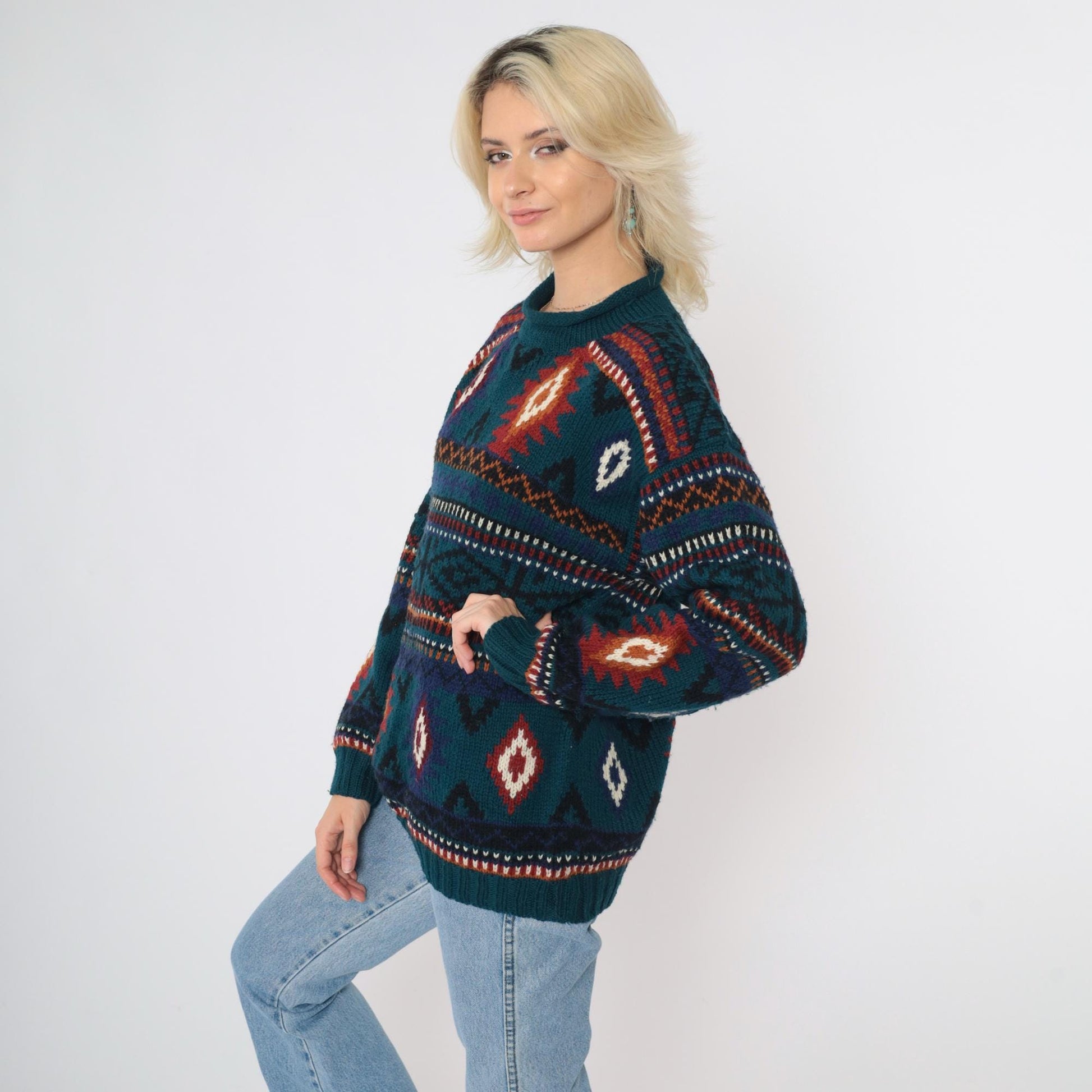 90s Early Winters Wool Southwestern Sweater Teal Geometric Roll Neck Medium M