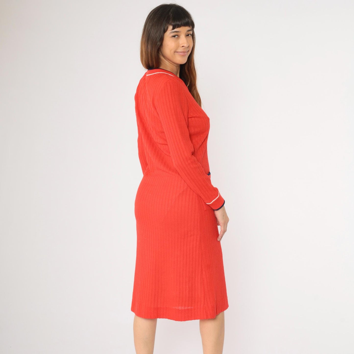 70s Red Knit Sweater Dress Striped Trim Button Front Midi Medium