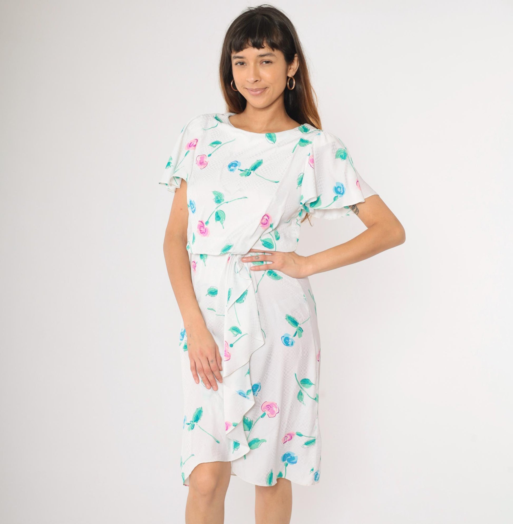 1970s Floral Checkered Jacquard Midi Dress White Flutter Sleeve Blouson Small