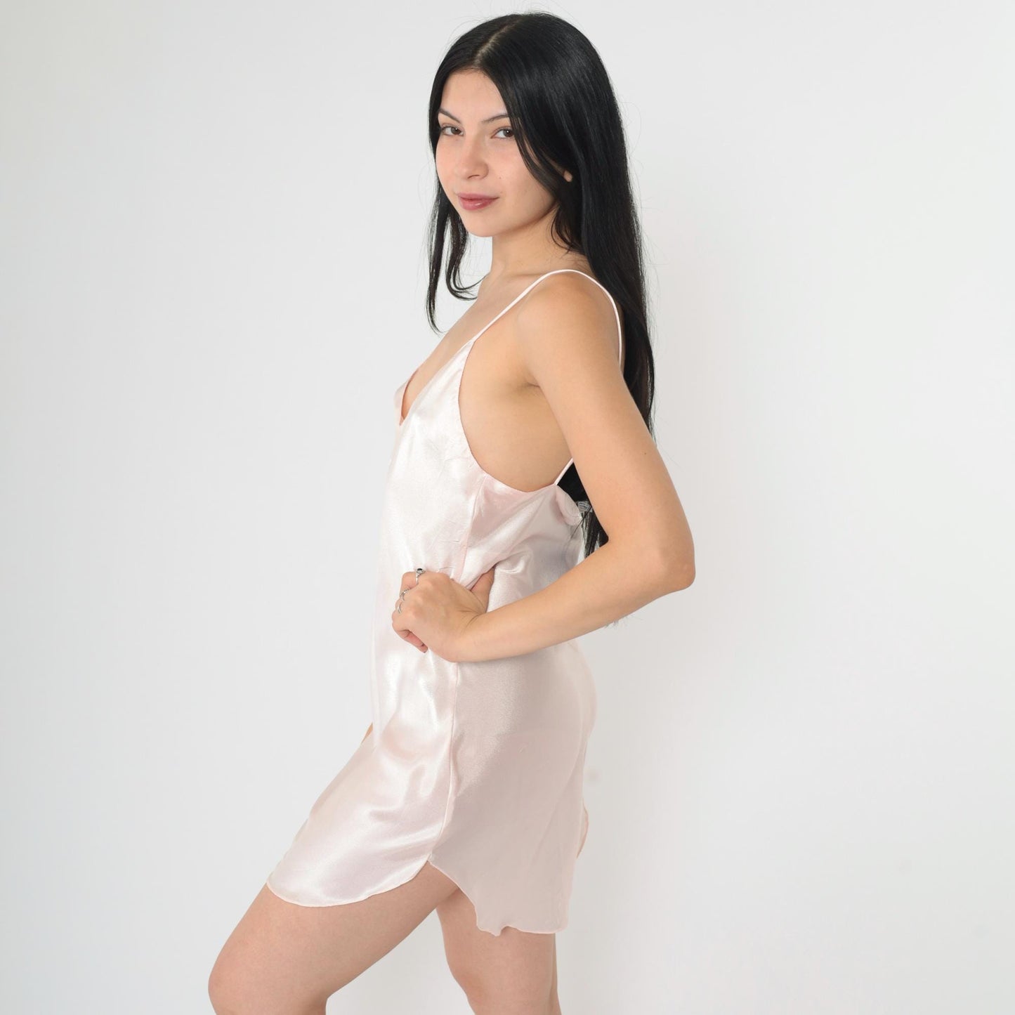 90s Baby Pink Satin Slip Dress V-Neck Spaghetti Strap Mini Medium M