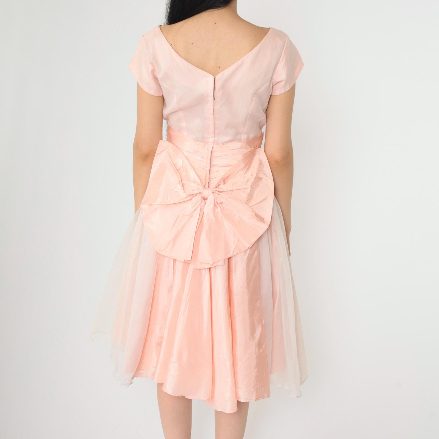 1950s Pink Taffeta Party Dress Chiffon Overlay Bow Back Knee Length Small