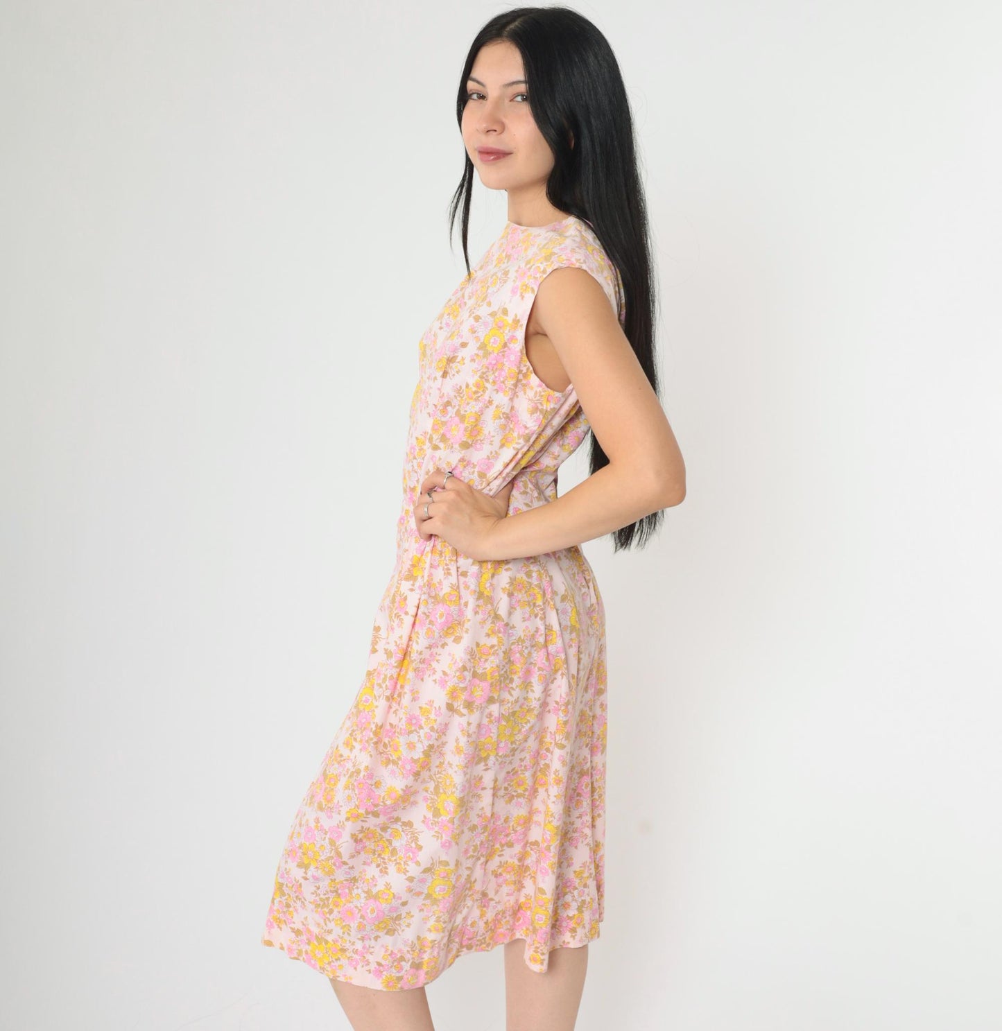 1960s Mod Floral Midi Dress Pink Yellow High Waist Sleeveless Medium