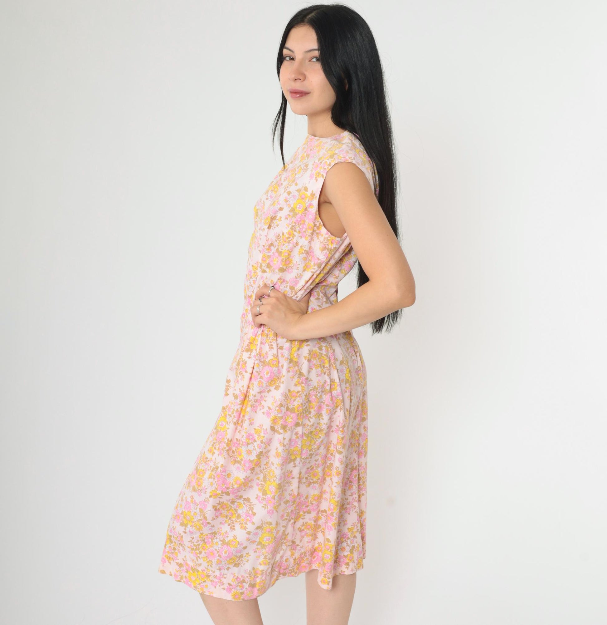 1960s Mod Floral Midi Dress Pink Yellow High Waist Sleeveless Medium