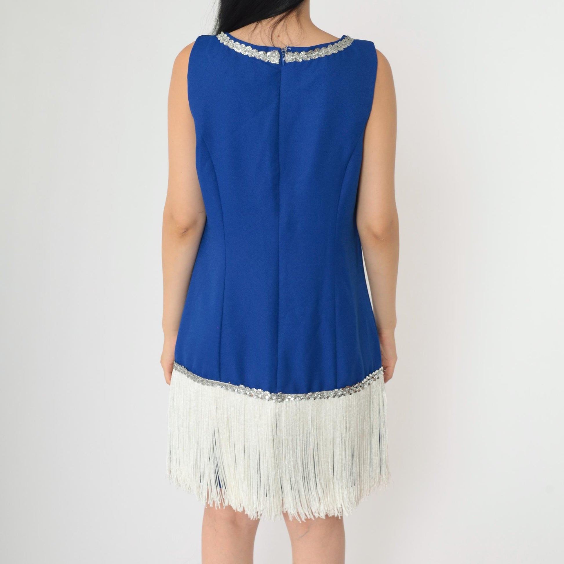 90s Royal Blue Fringe Sequin Mini Dress Square Neck Sleeveless Small