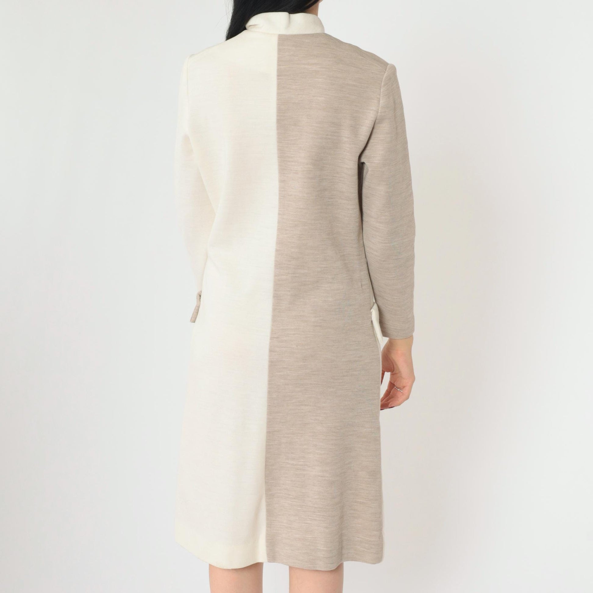 60s Mod Color Block Shift Dress White Taupe Front Zip Long Sleeve Medium
