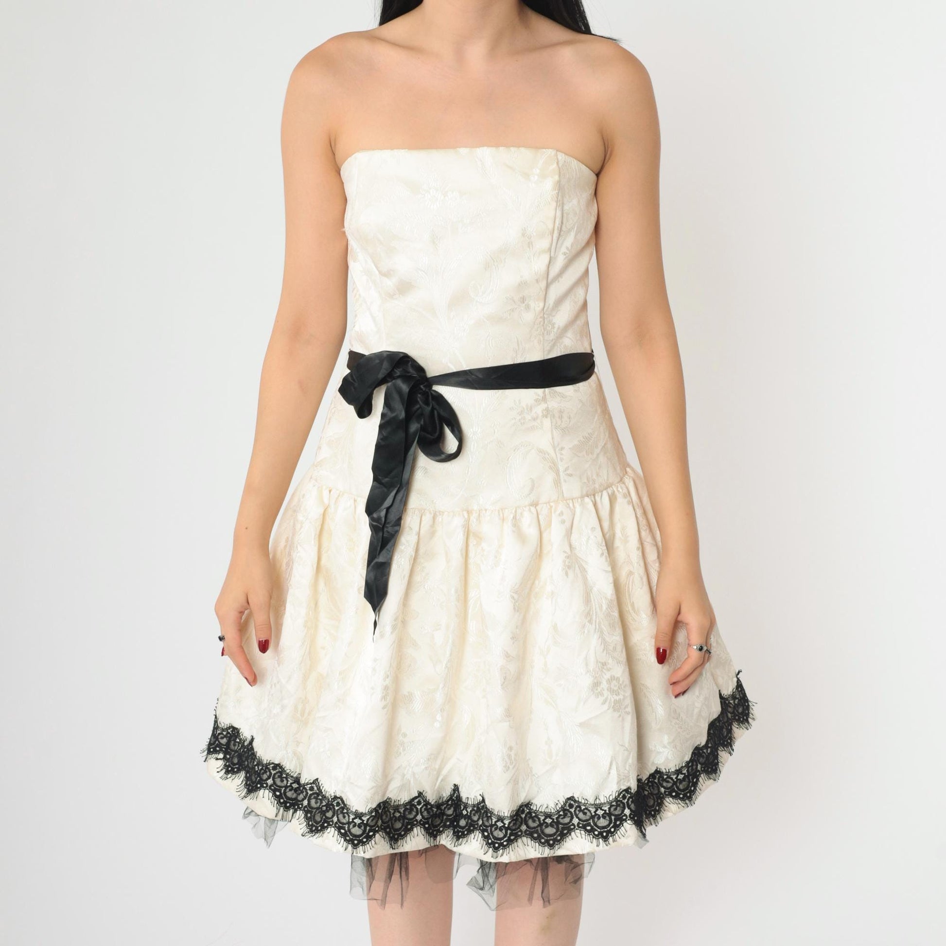 90s Jessica McClintock Ivory Jacquard Strapless Dress Black Lace Tulle Medium