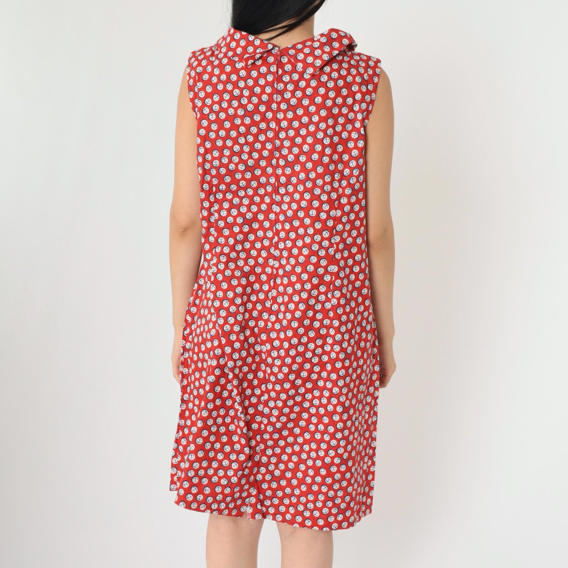 1960s Nautical Anchor Print Shift Dress Red Mini Sleeveless Medium M