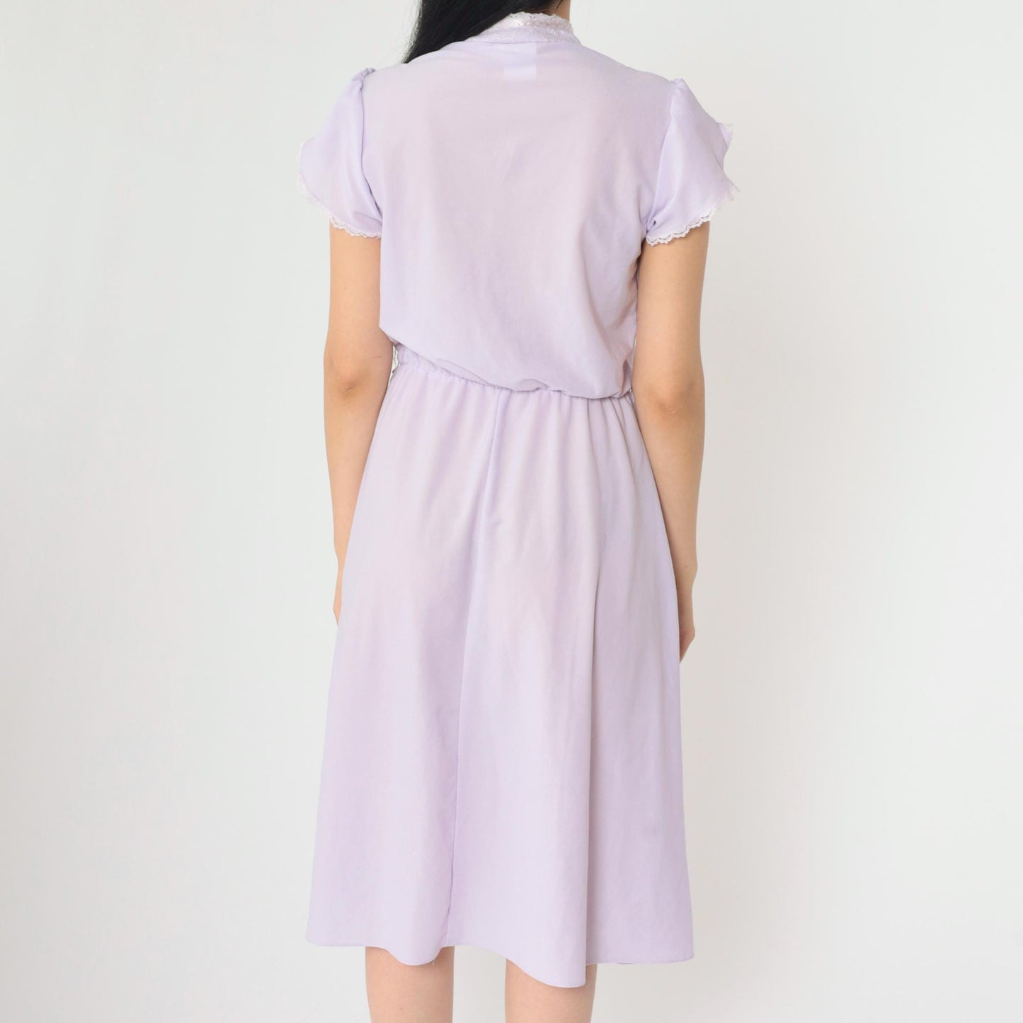 70s Lavender Midi Dress Lace Yoke Button Front Tulip Sleeve Small