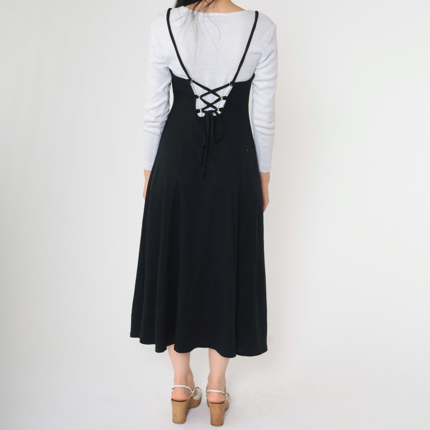 90s Black Midi Dress White Lace-Up Back Attached Shirt Small