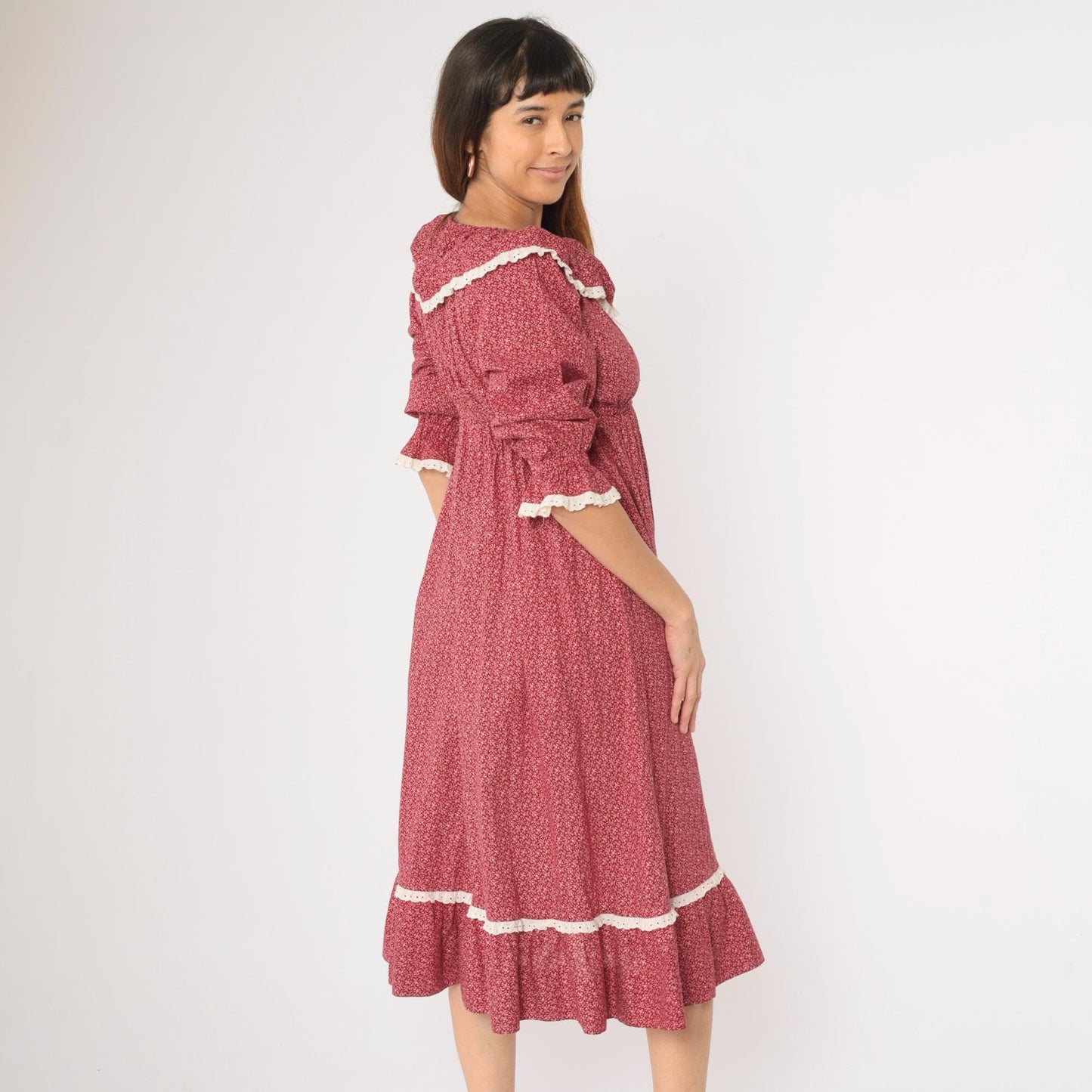 70s Burgundy Calico Floral Peasant Dress Empire Waist Midi Lace Small