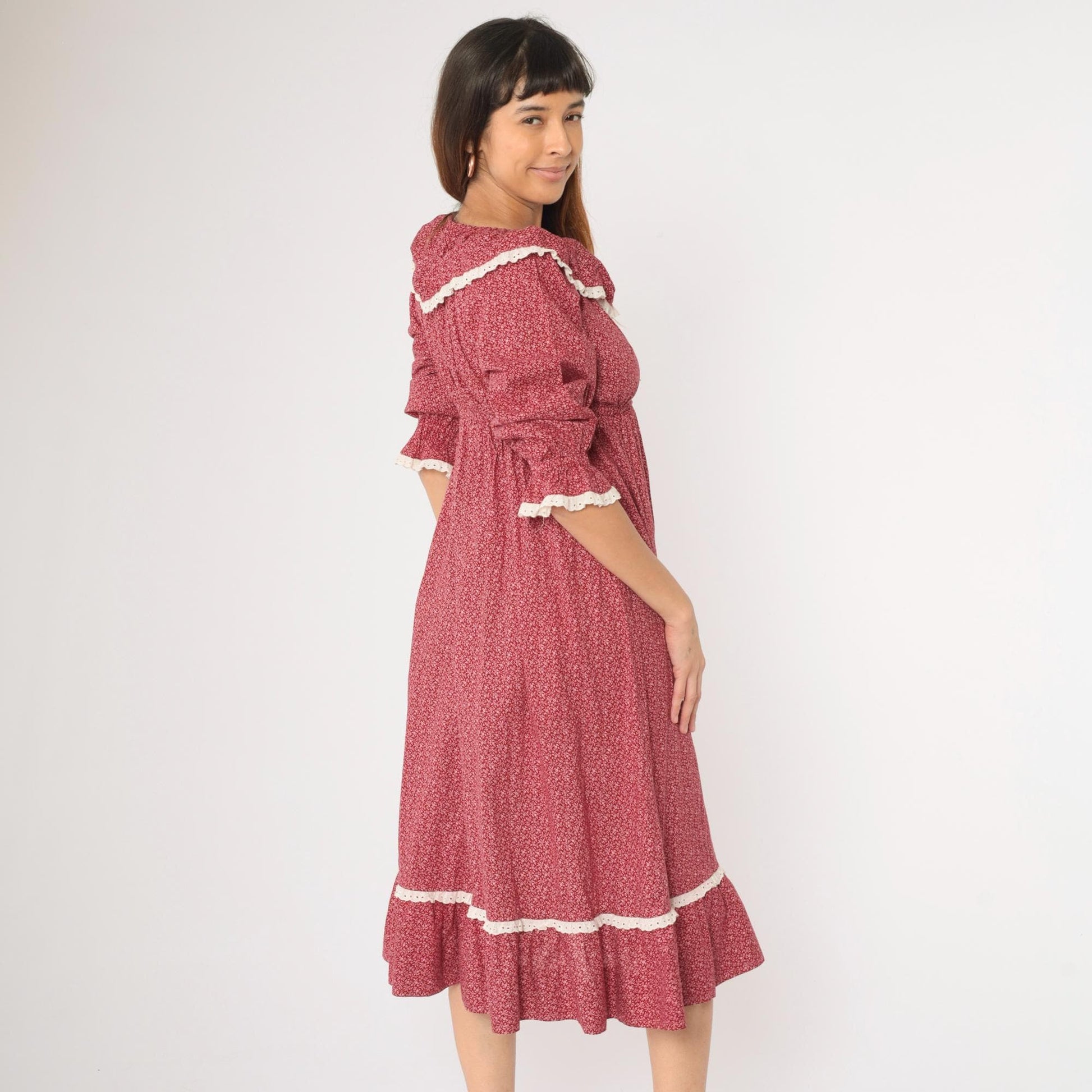 70s Burgundy Calico Floral Peasant Dress Empire Waist Midi Lace Small