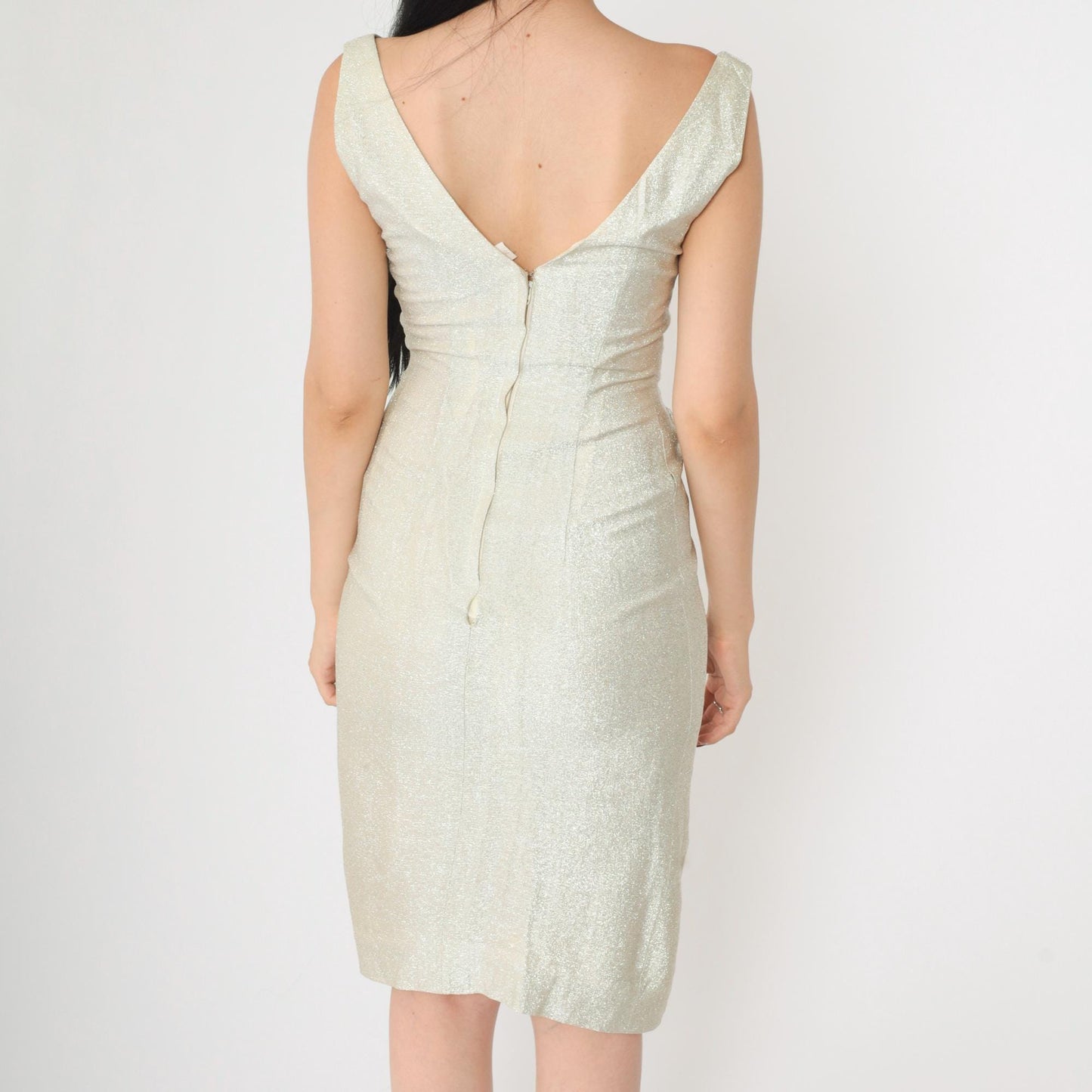 60s Silver Metallic Sheath Dress Draped Neckline Sleeveless Mod Party Extra Small