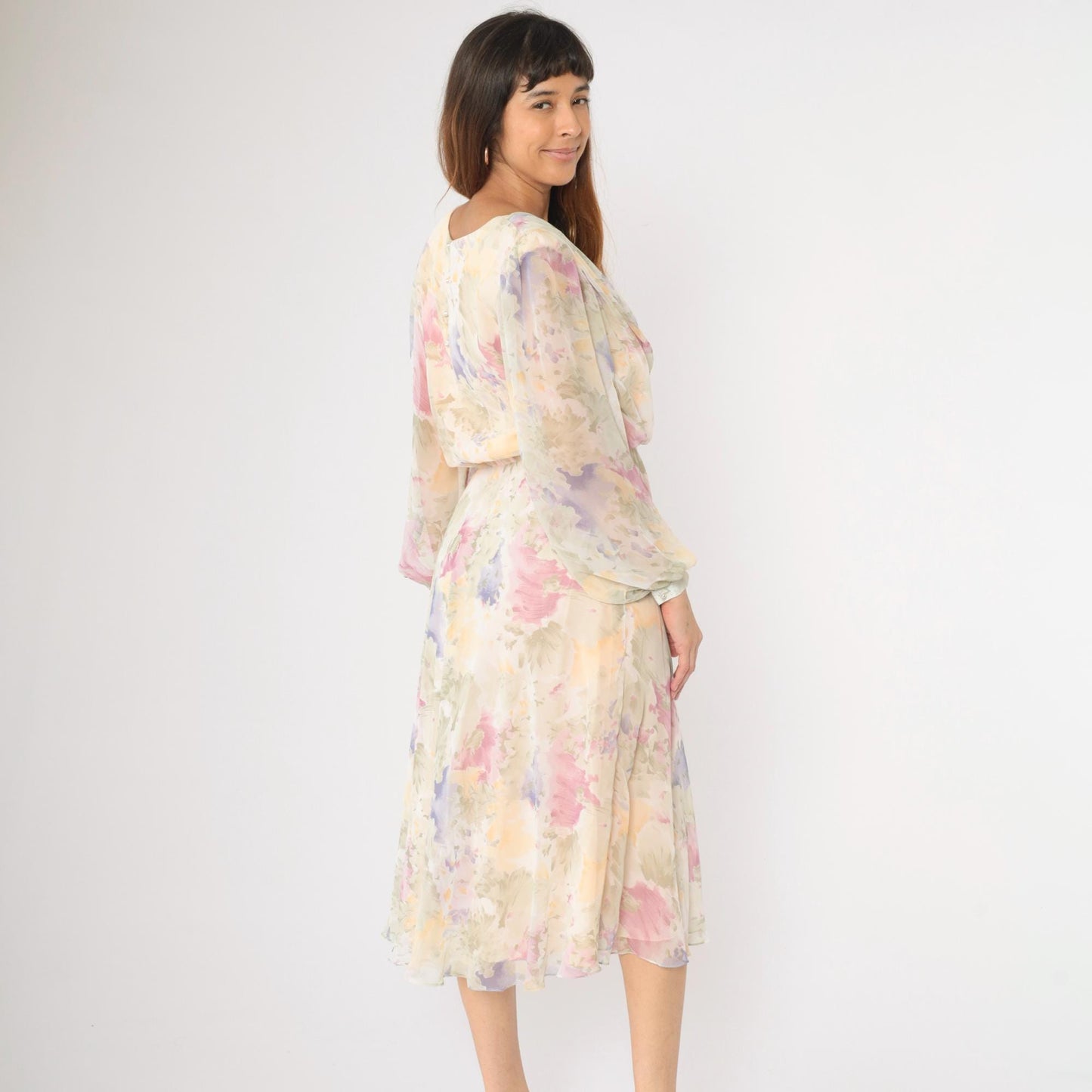 80s Ursula Pastel Watercolor Floral Chiffon Midi Dress Cowl Neck Medium