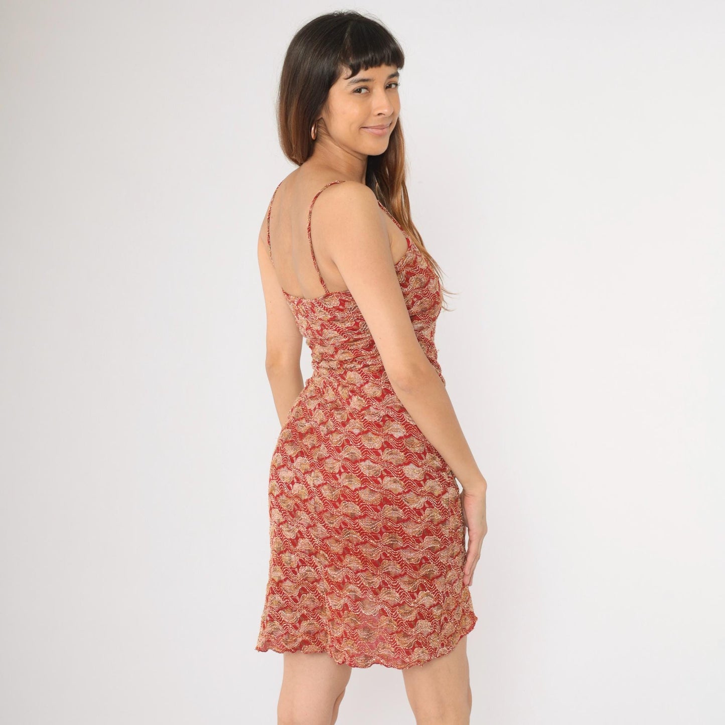 90s Red Gold Lace Strapless Mini Dress Tulip Hem Bodycon Medium M