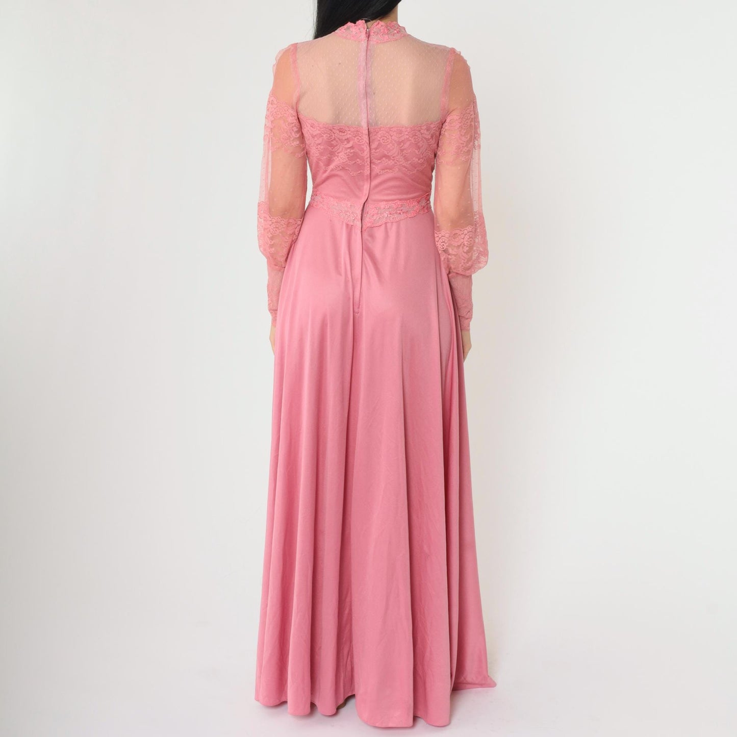 70s Pink Lace Maxi Dress High Neck Balloon Sleeve Small 4