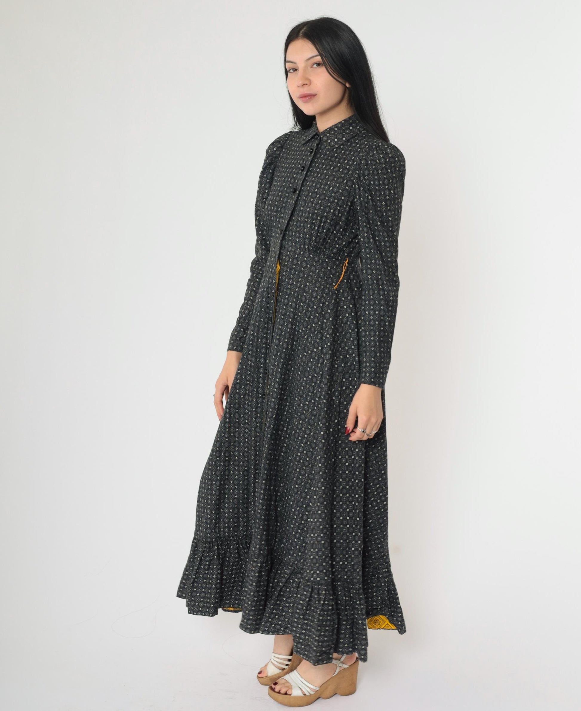 70s Black Floral Maxi Dress Peter Pan Collar Puff Sleeve High Waist Small
