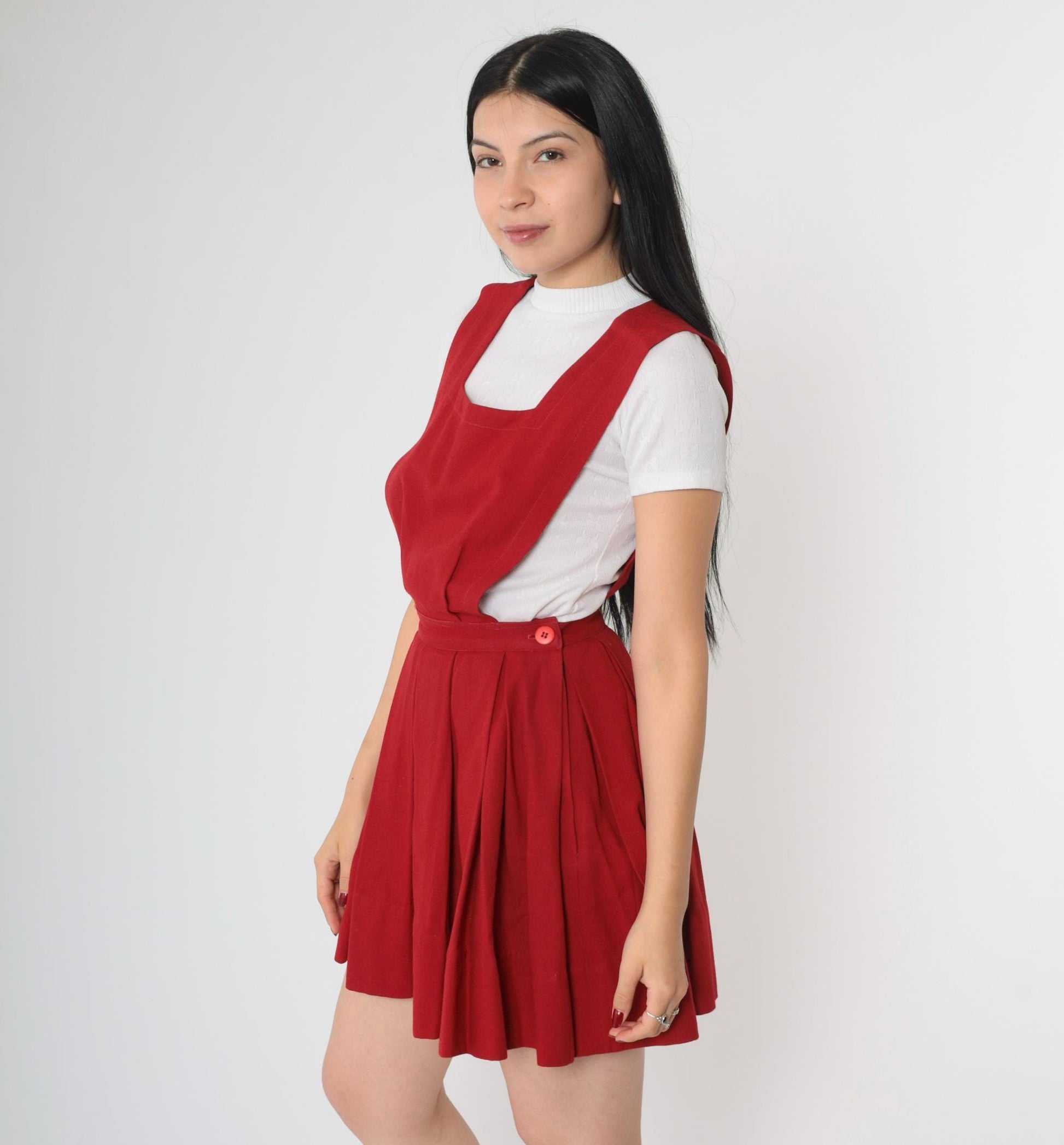 70s Red Pleated Mini Jumper Dress High Waist Pinafore Small