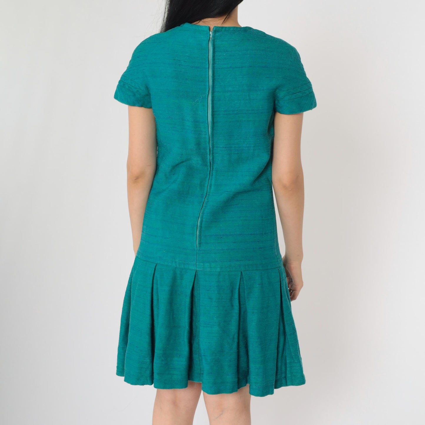 60s Mod Mini Dress Teal Drop Waist Pleated Short Sleeve Extra Small