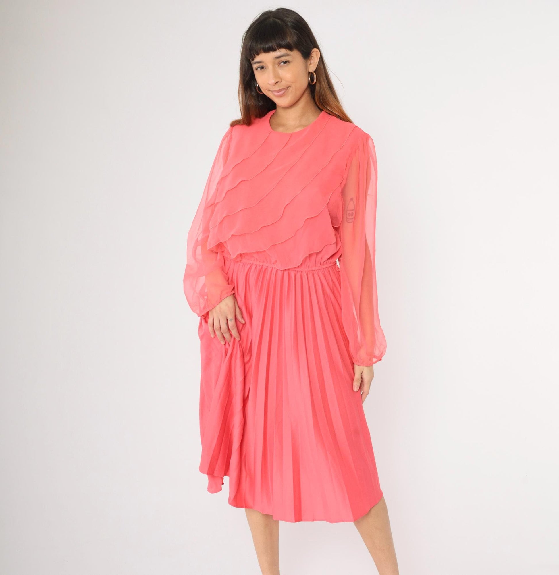 80s Coral Pink Chiffon Midi Dress Puff Sleeves Ruffled Bodice Large L