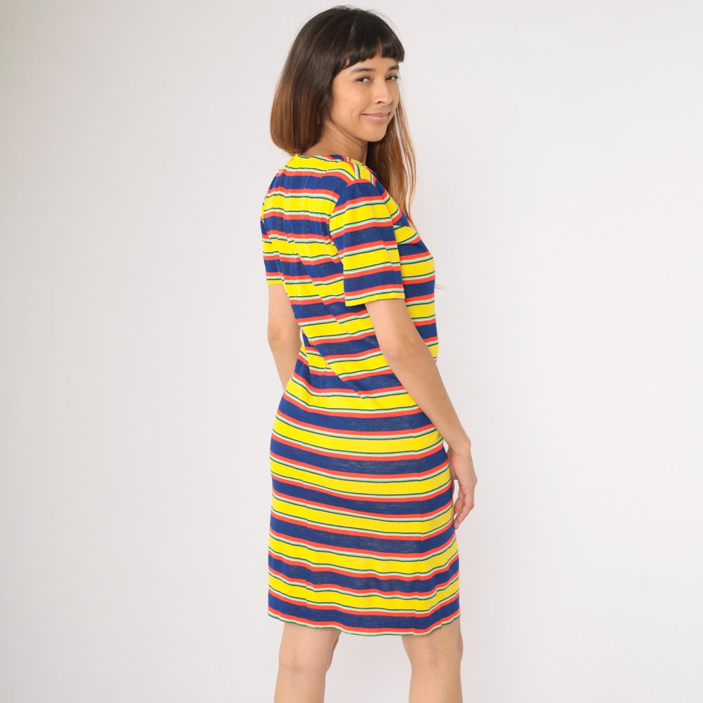 70s Striped Knit Mini Dress Yellow Navy Red Notched Neck Small Medium