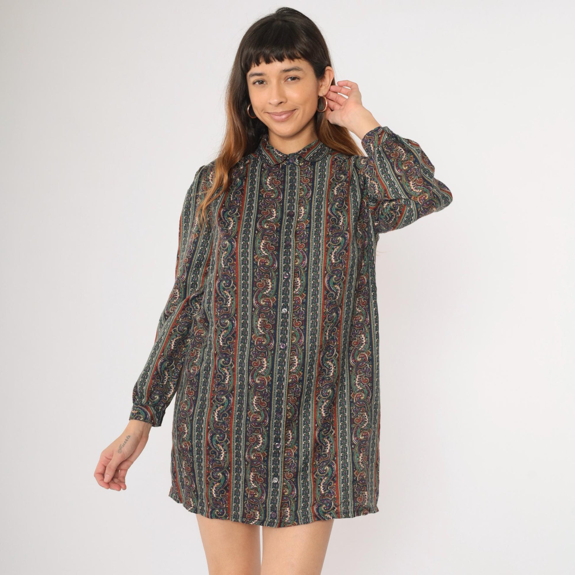80s Paisley Striped Mini Dress Puff Sleeve Button-Up Shirtdress Medium Large