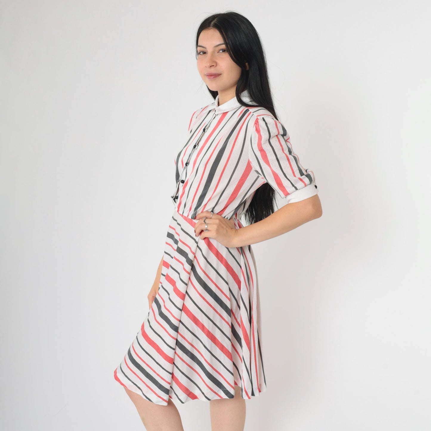 80s Striped Puff Sleeve Dress White Red Black Knee Length Button Up Medium