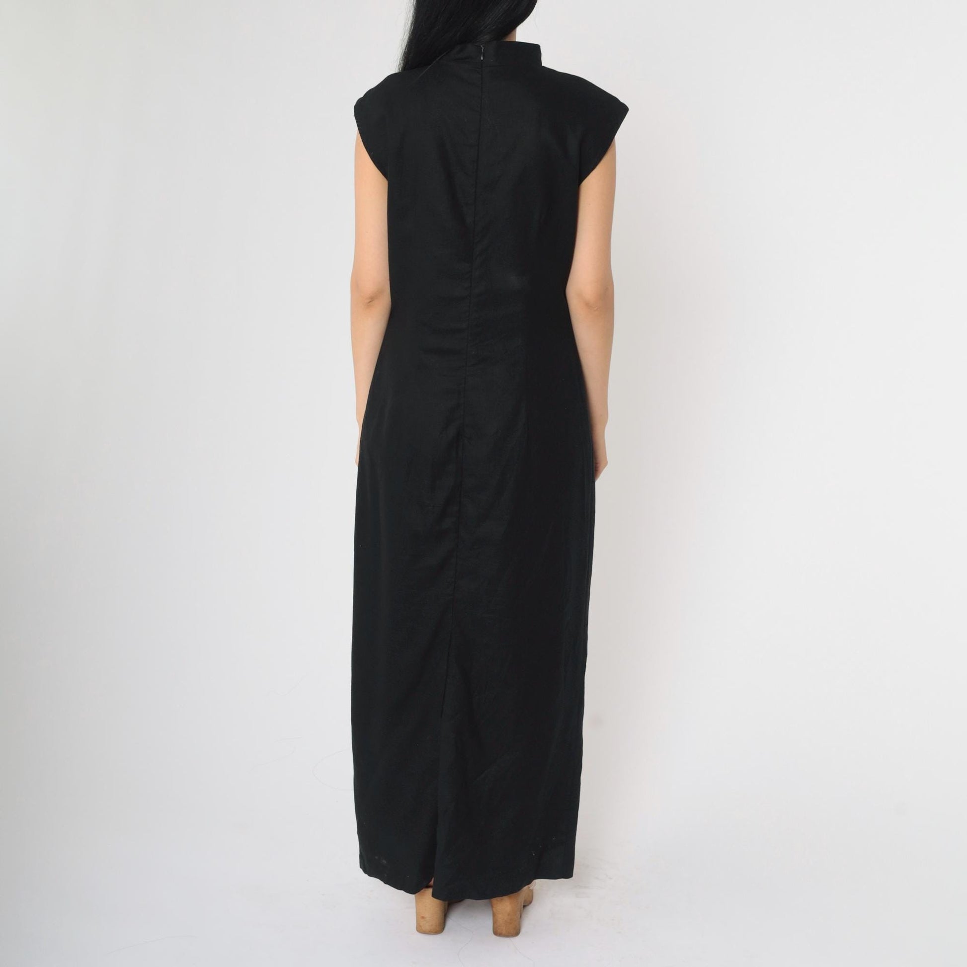 90s Dress Barn Cheongsam Maxi Black Floral Embroidered Mandarin Collar Medium 8