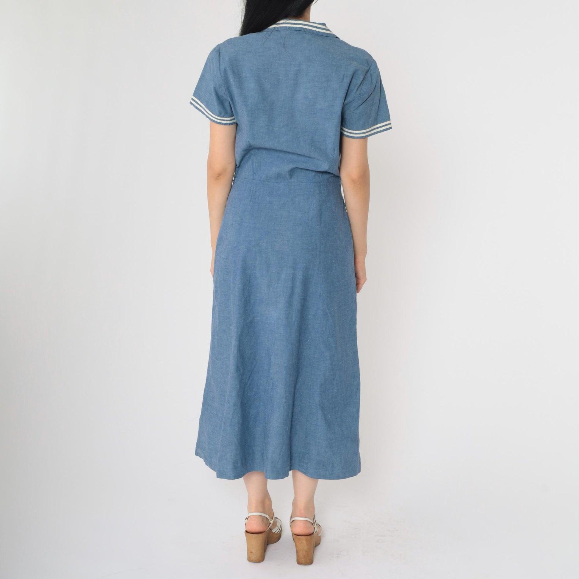 80s Nautical Chambray Shirt Dress Embroidered Flags Midi Blue Small Medium