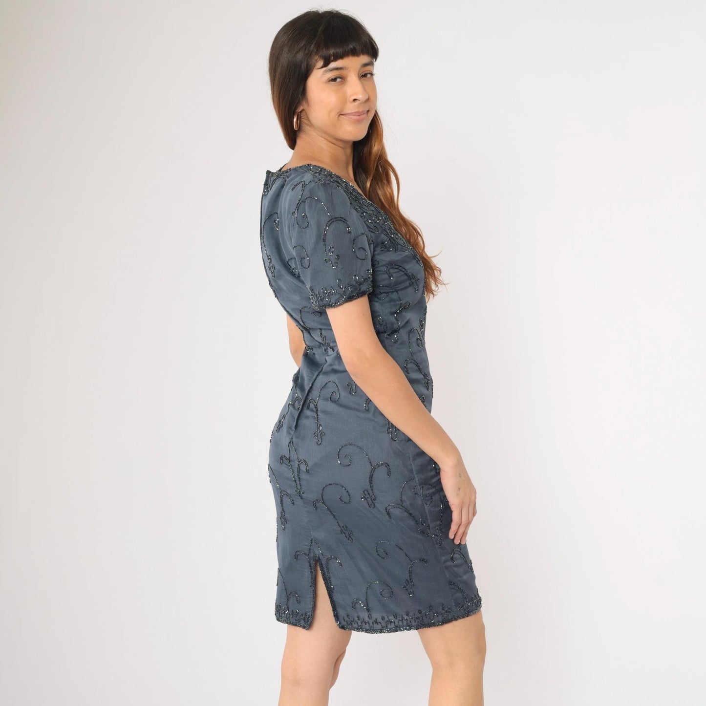 90s JMD New York Grey Silk Beaded Sheath Dress Sweetheart Neckline Small S