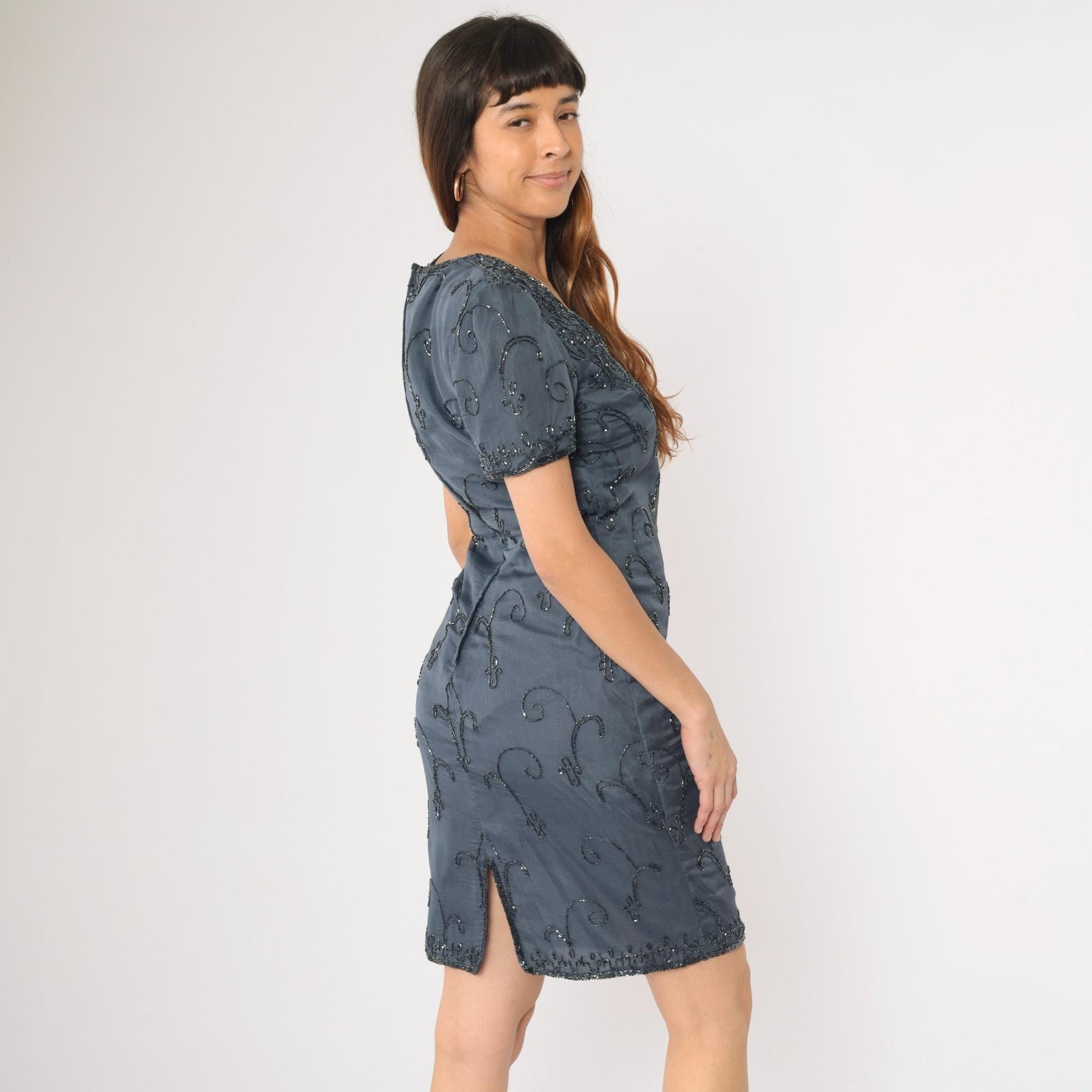 90s JMD New York Grey Silk Beaded Sheath Dress Sweetheart Neckline Small S