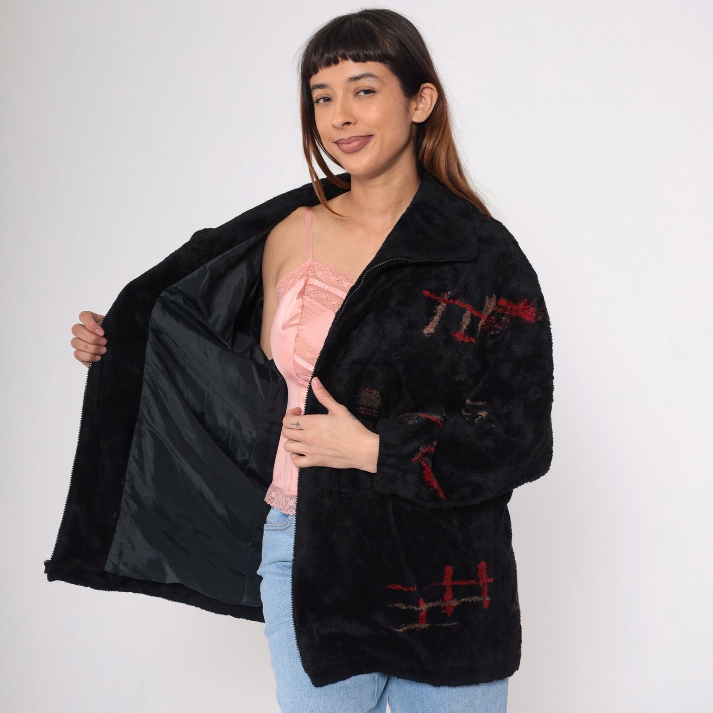 90s Forecaster Fleece Jacket Black Abstract Geometric Zip Up Extra Small