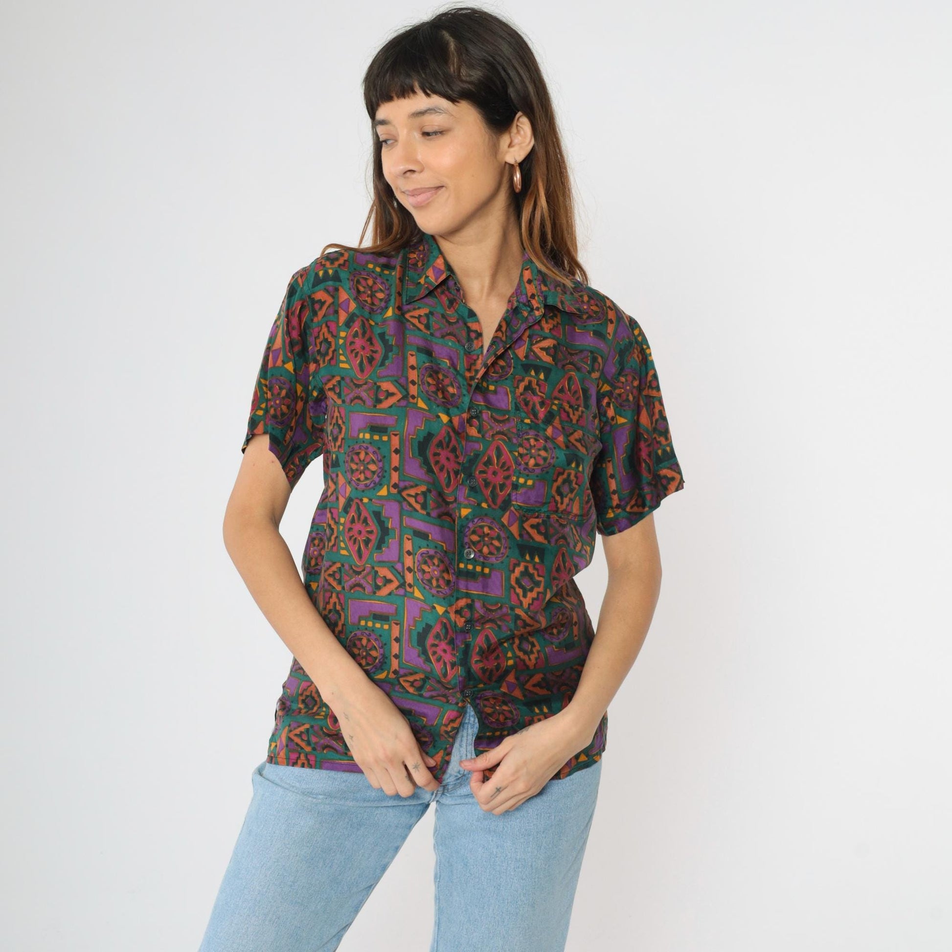 90s Robert Stock Silk Button Up Geometric Print Purple Green Short Sleeve Extra Small