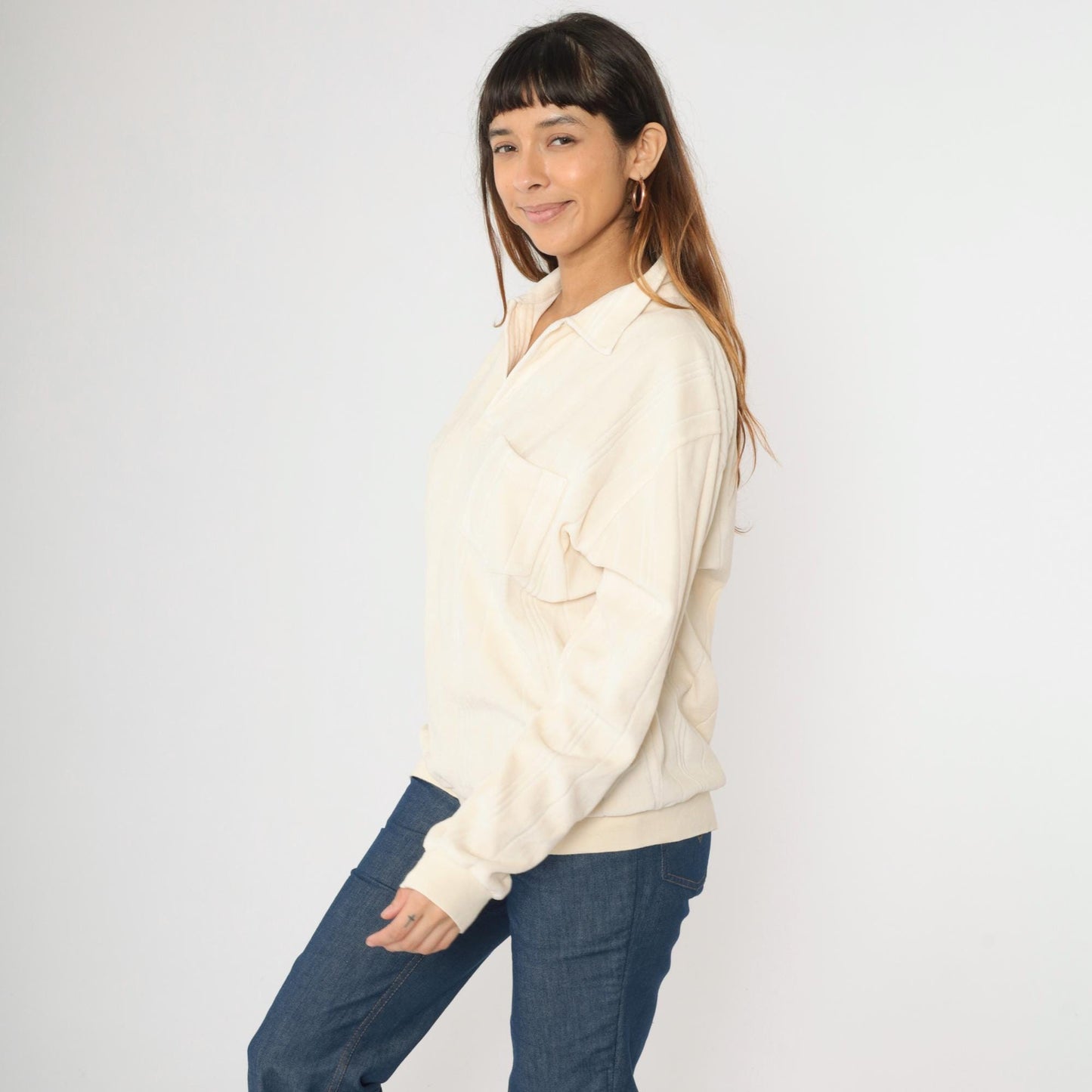 80s Cream Velour Polo Sweatshirt Collared Button-Up Long Sleeve Extra Large