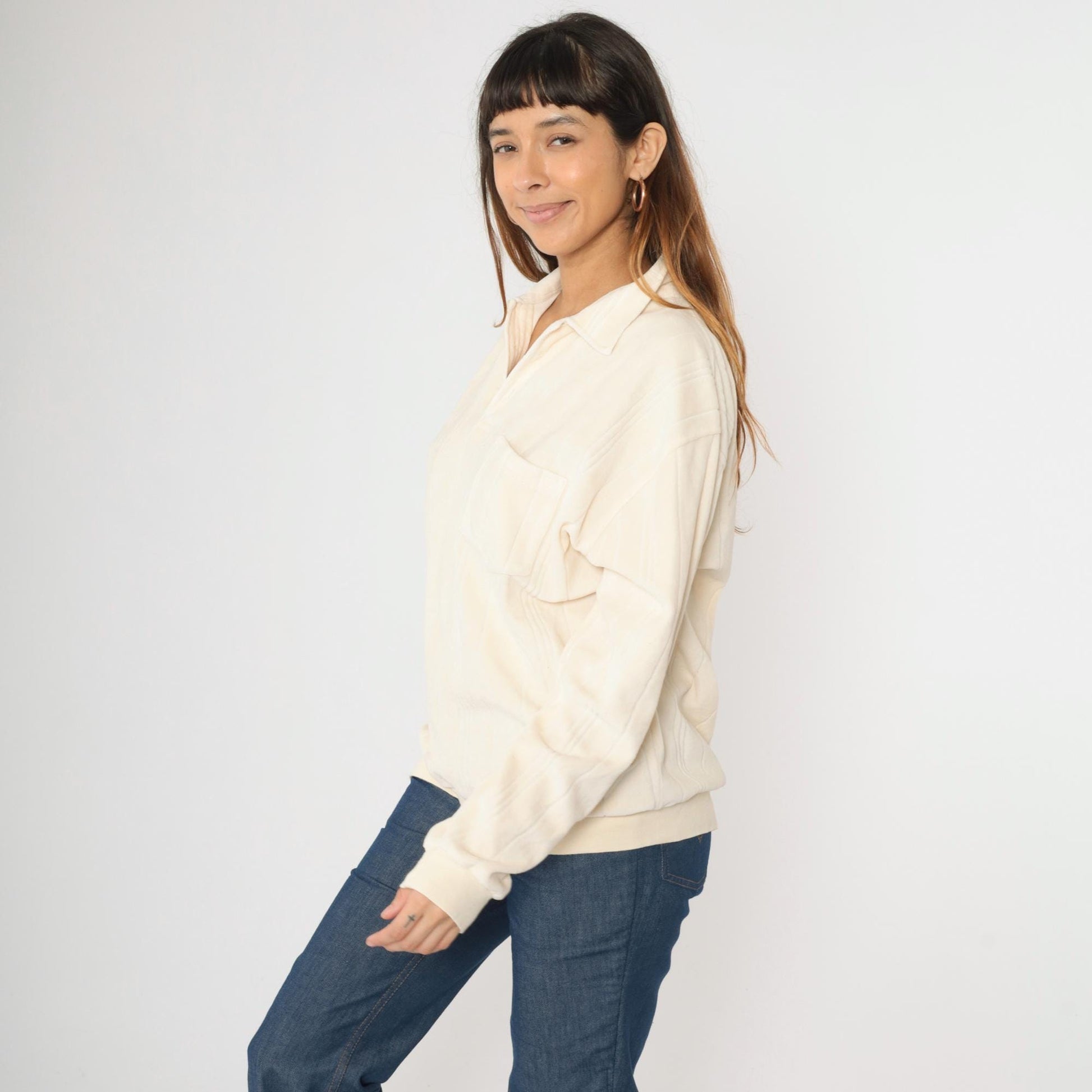 80s Cream Velour Polo Sweatshirt Collared Button-Up Long Sleeve Extra Large