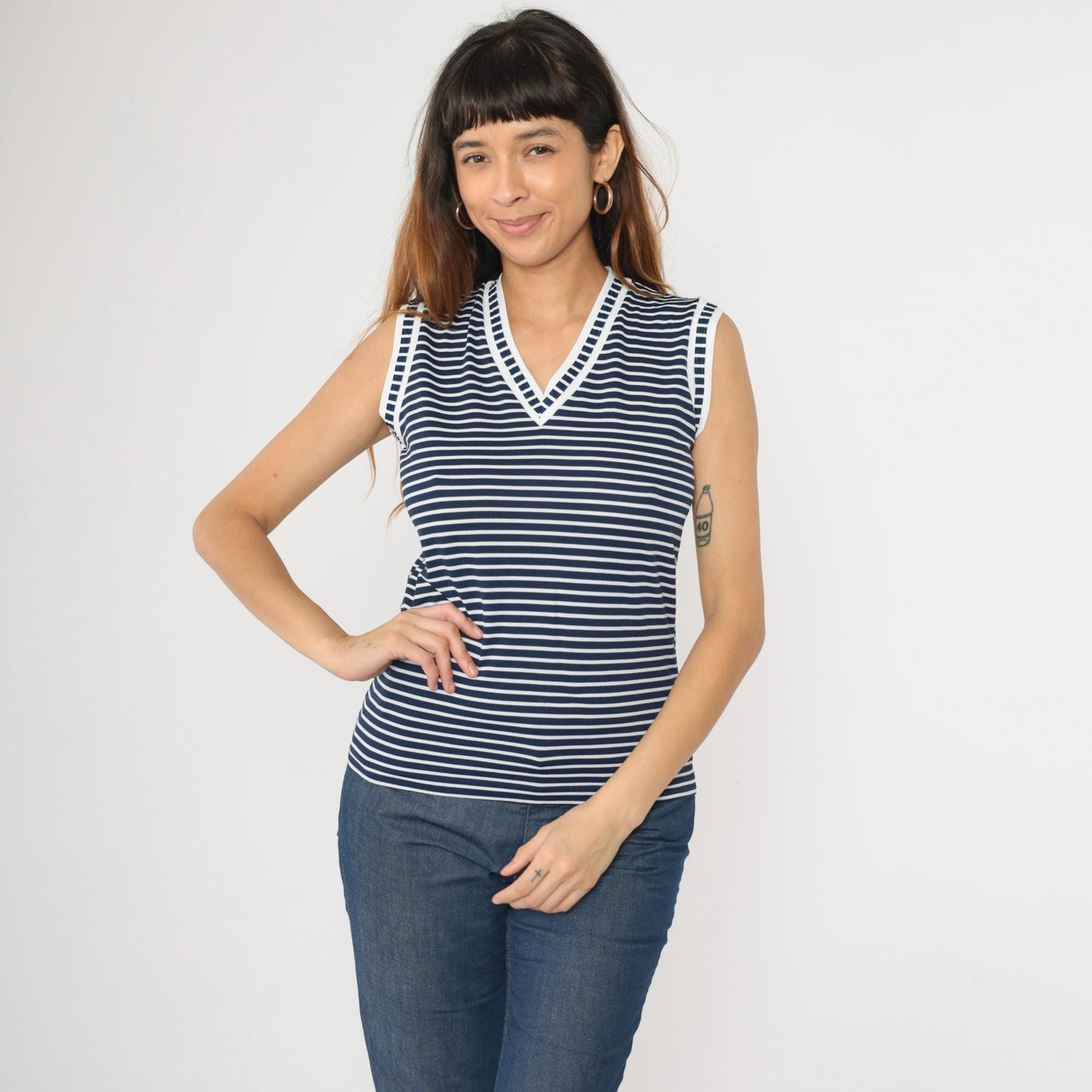 80s Kmart Navy Striped Tank Top V-Neck Ringer Tee White Small