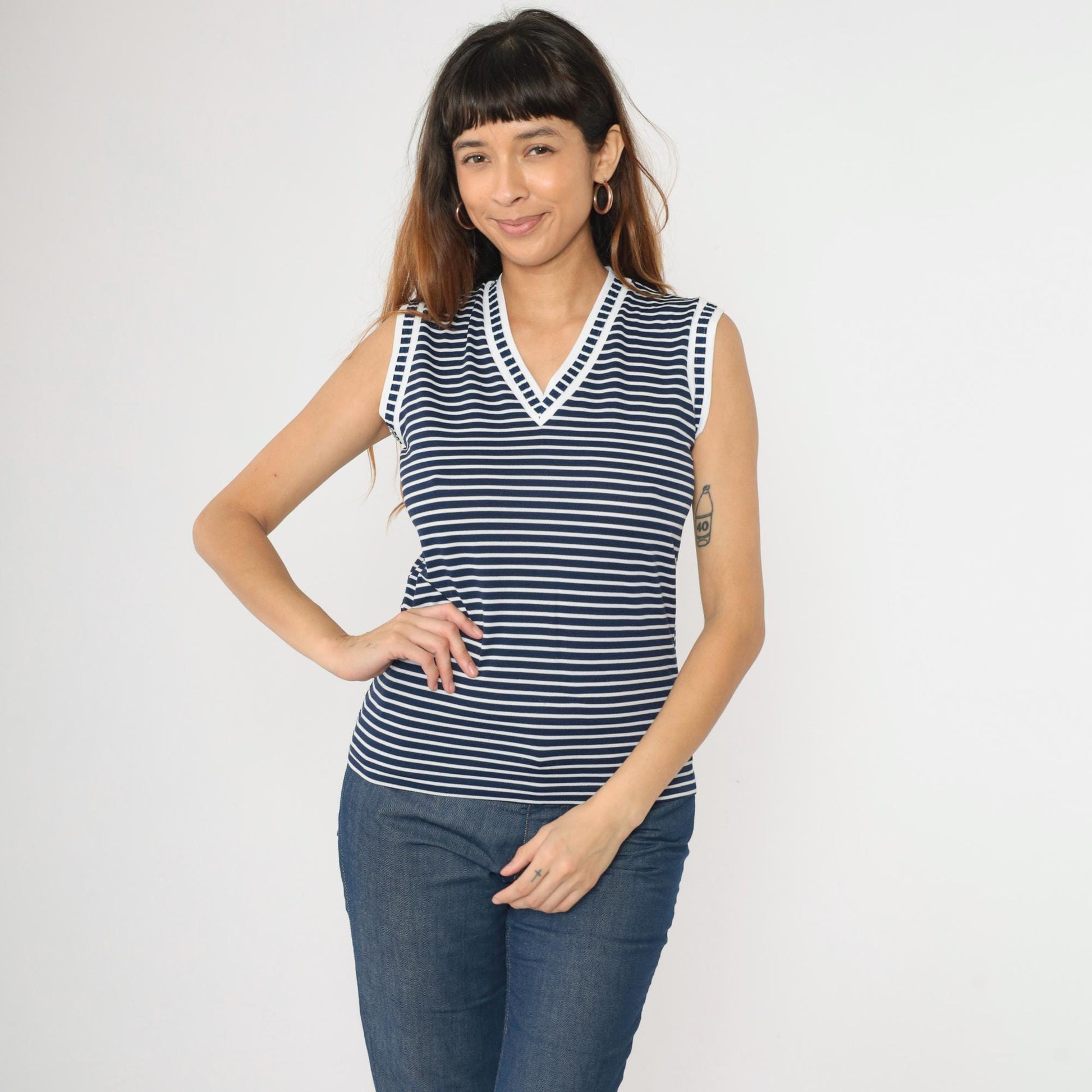 80s Kmart Navy Striped Tank Top V-Neck Ringer Tee White Small
