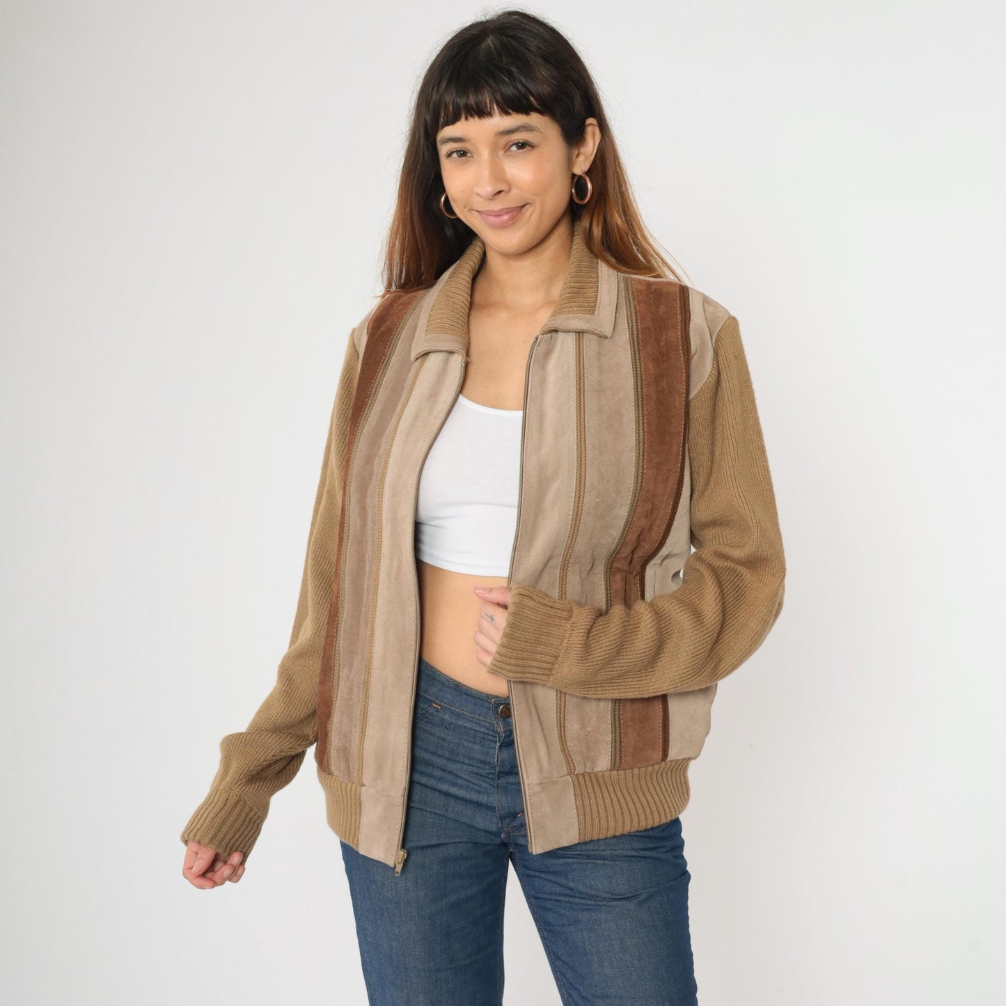 80s Tan Suede Striped Bomber Jacket Brown Leather Zip Knit Large L